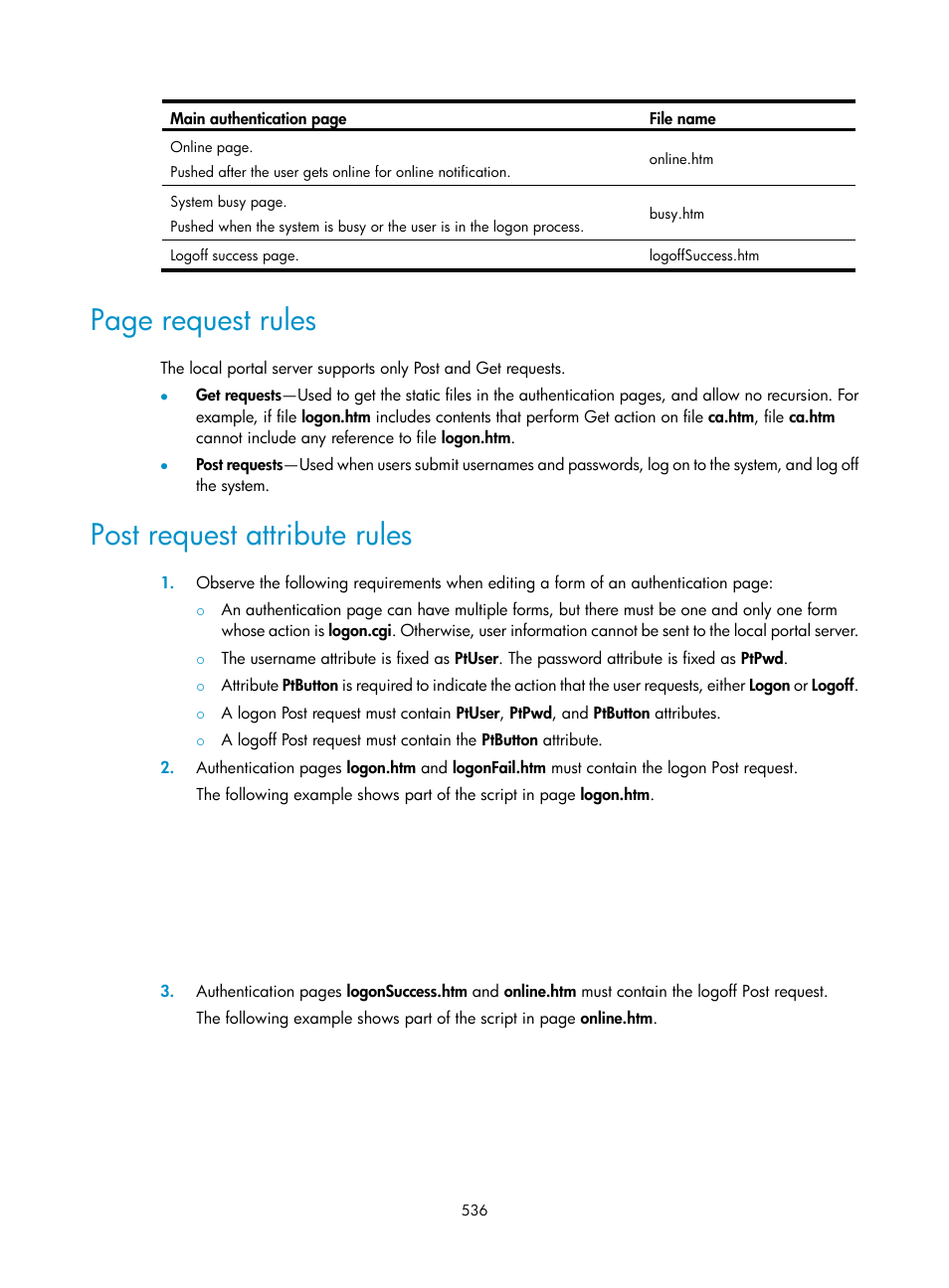 Post request attribute rules, Page request rules | H3C Technologies H3C WX3000E Series Wireless Switches User Manual | Page 557 / 965