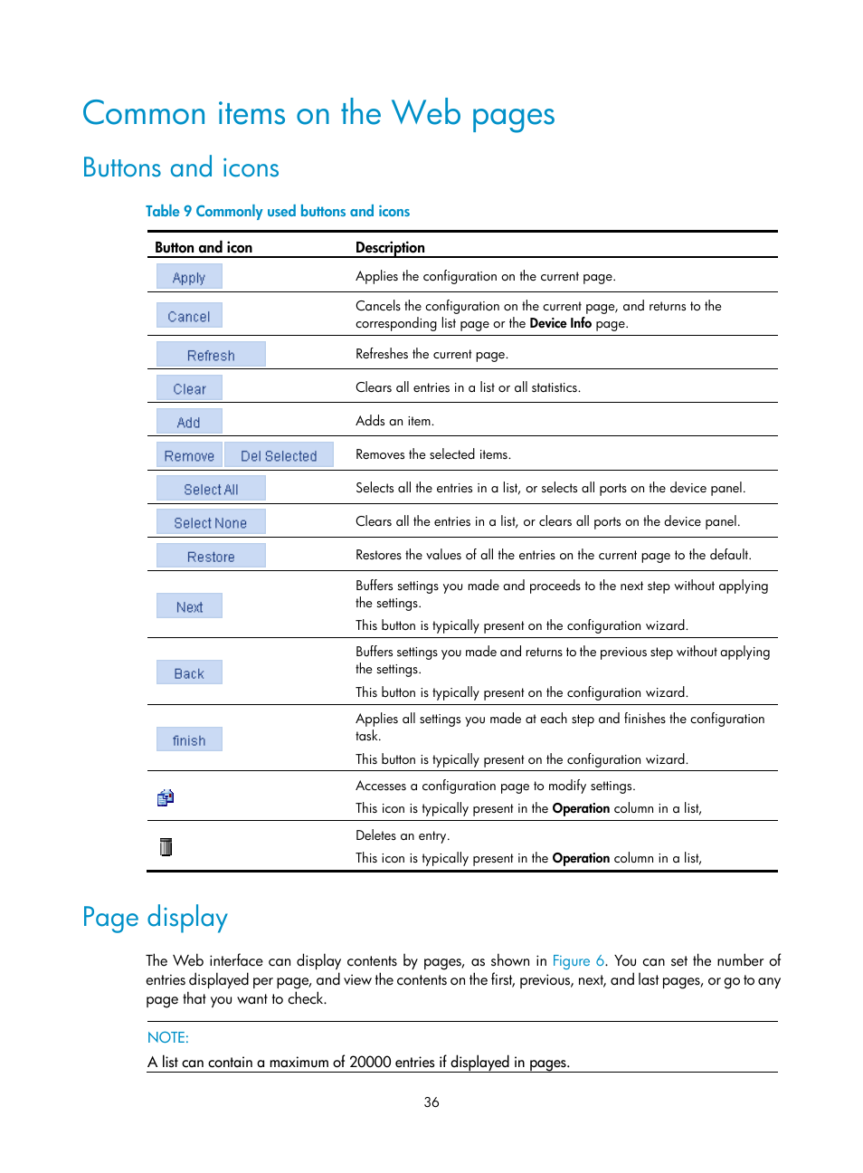 Buttons and icons, Common items on the web pages, Page display | H3C Technologies H3C WX3000E Series Wireless Switches User Manual | Page 57 / 965