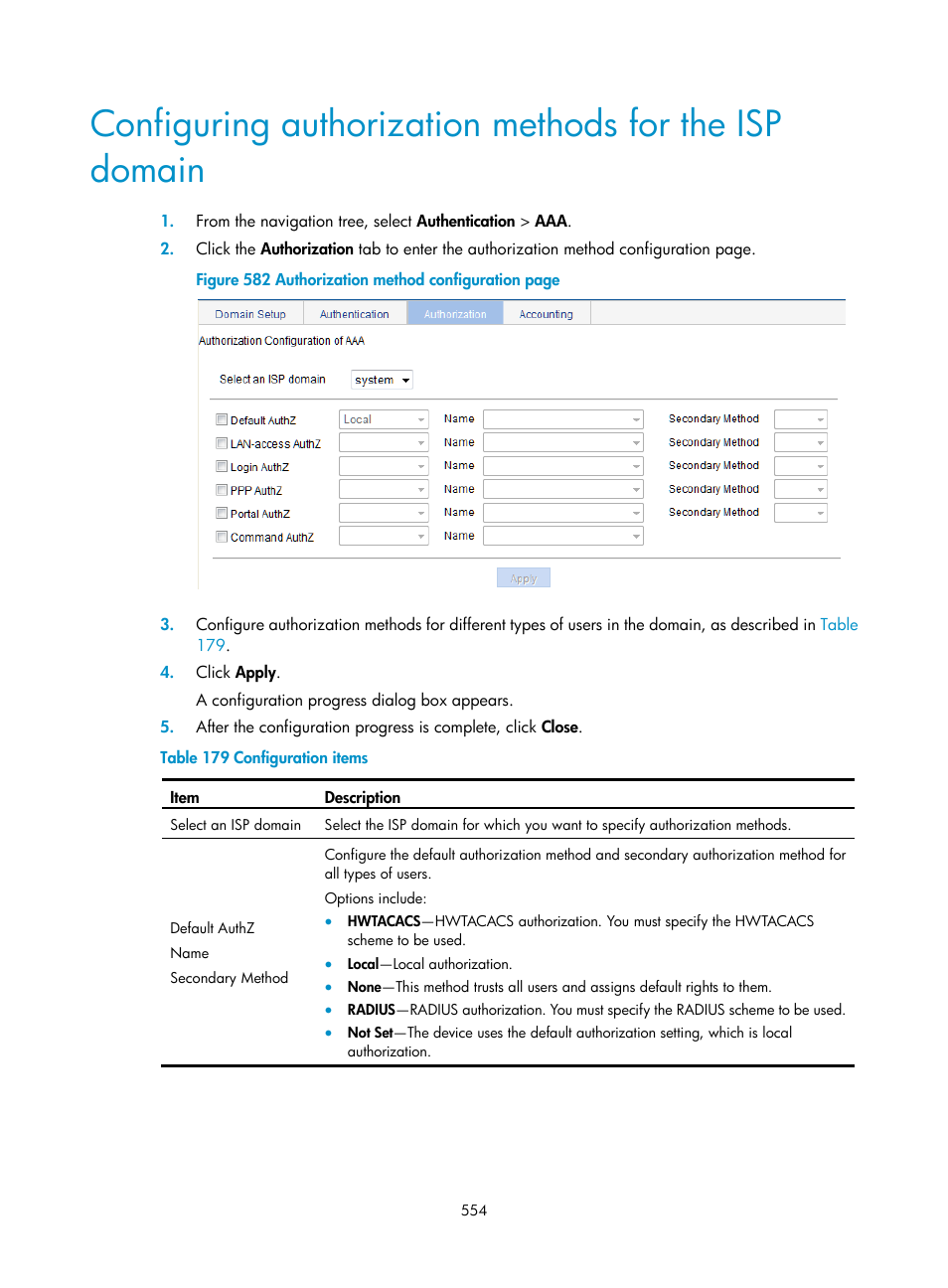 Configuring authorization, Methods for the isp domain | H3C Technologies H3C WX3000E Series Wireless Switches User Manual | Page 575 / 965