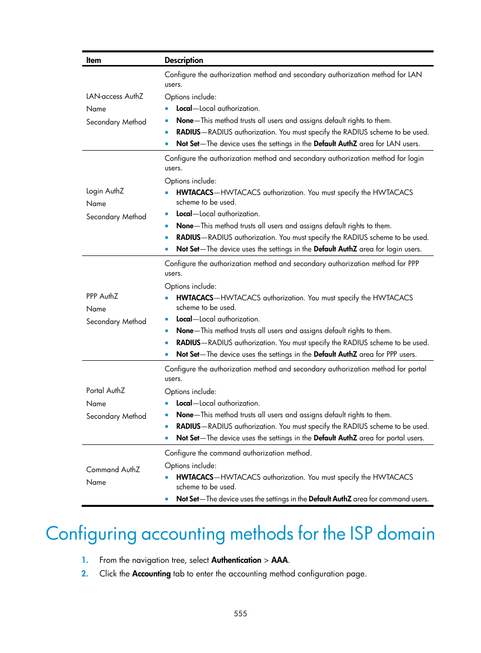 Configuring accounting methods for the isp domain, Configuring accounting, Methods for the isp domain | H3C Technologies H3C WX3000E Series Wireless Switches User Manual | Page 576 / 965