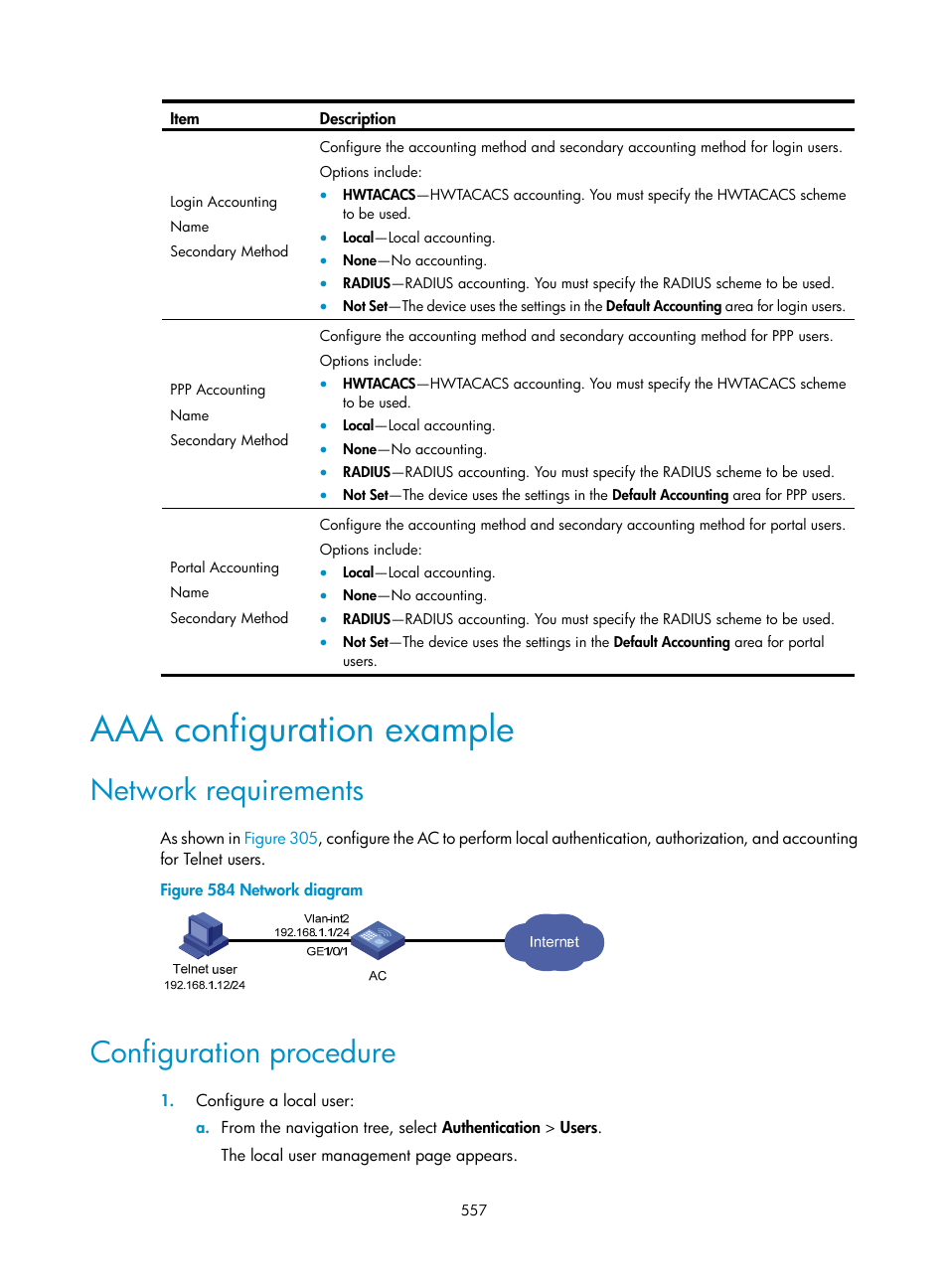 Aaa configuration example, Network requirements, Configuration procedure | H3C Technologies H3C WX3000E Series Wireless Switches User Manual | Page 578 / 965