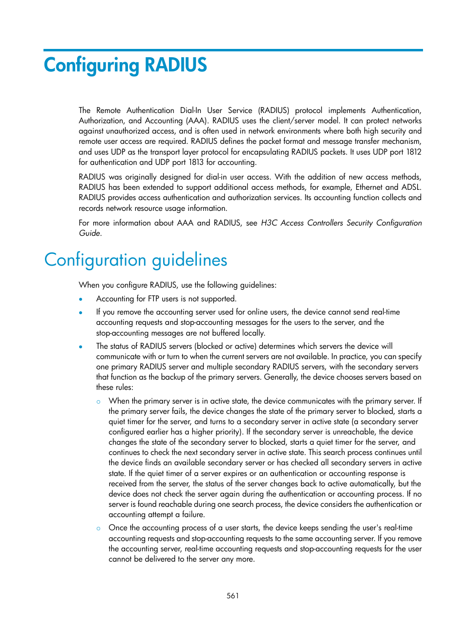 Configuring radius, Configuration guidelines | H3C Technologies H3C WX3000E Series Wireless Switches User Manual | Page 582 / 965