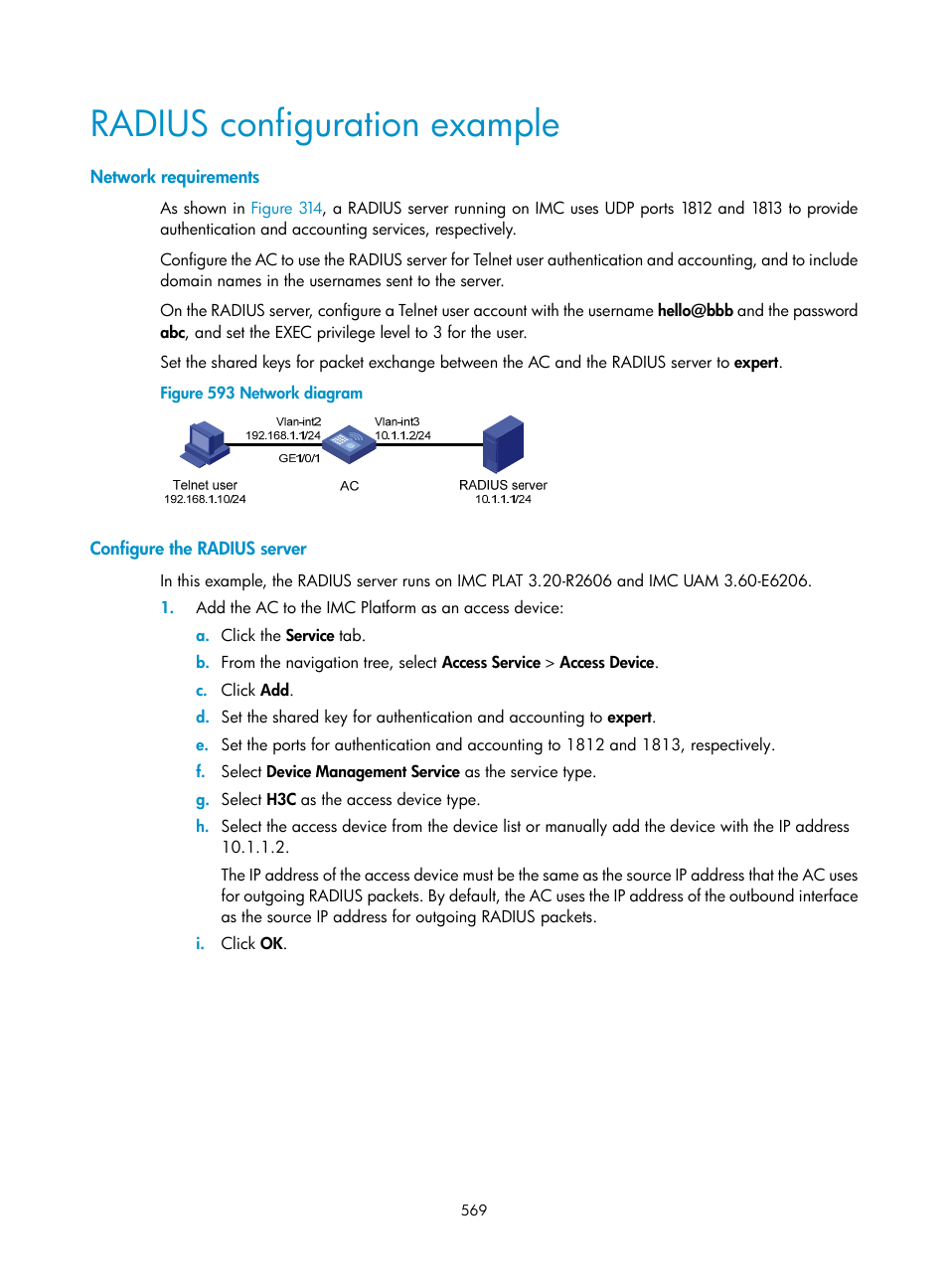 Radius configuration example, Network requirements, Configure the radius server | H3C Technologies H3C WX3000E Series Wireless Switches User Manual | Page 590 / 965