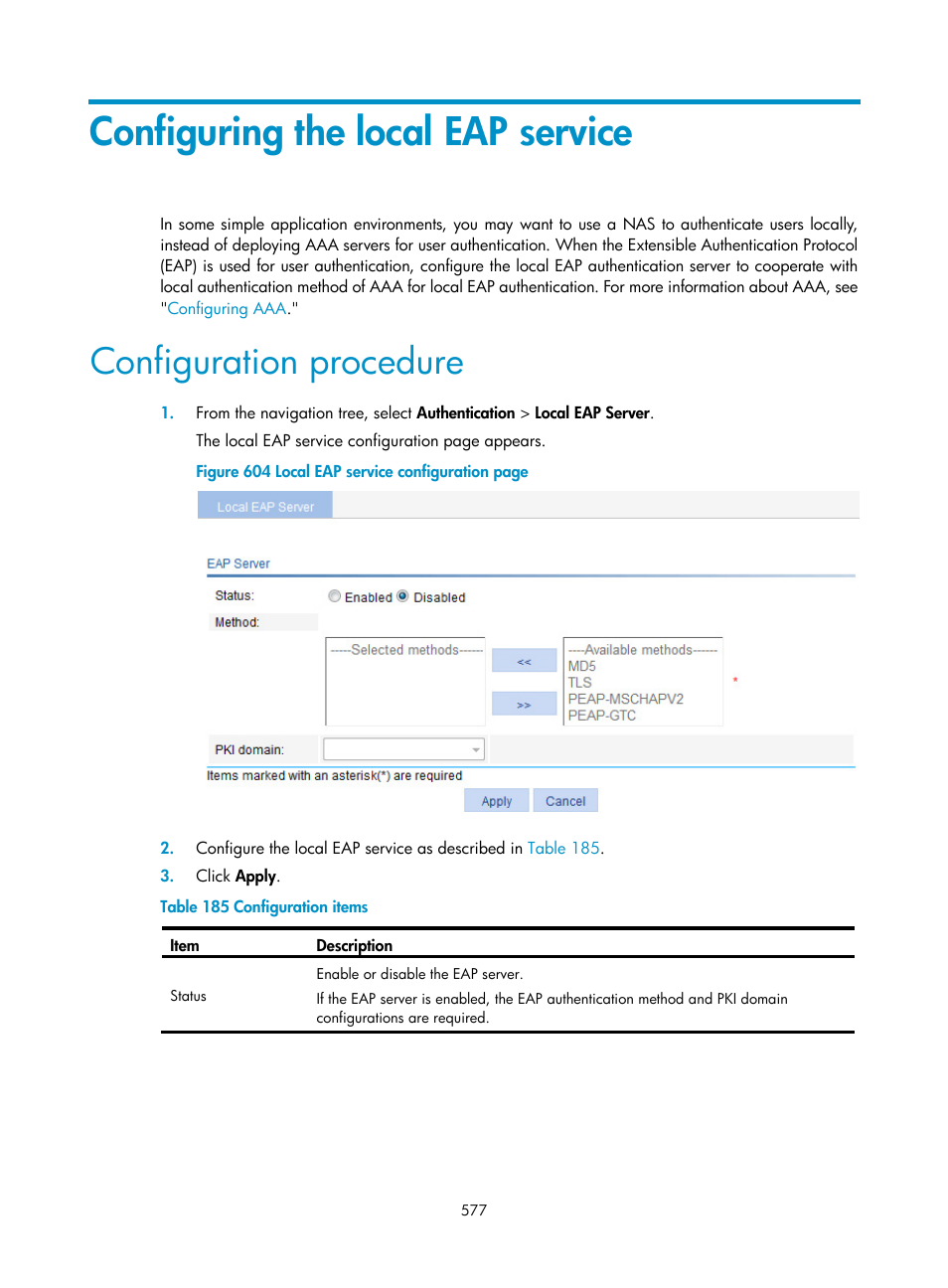 Configuring the local eap service, Configuration procedure | H3C Technologies H3C WX3000E Series Wireless Switches User Manual | Page 598 / 965