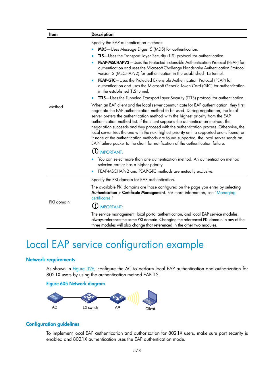 Local eap service configuration example, Network requirements, Configuration guidelines | H3C Technologies H3C WX3000E Series Wireless Switches User Manual | Page 599 / 965