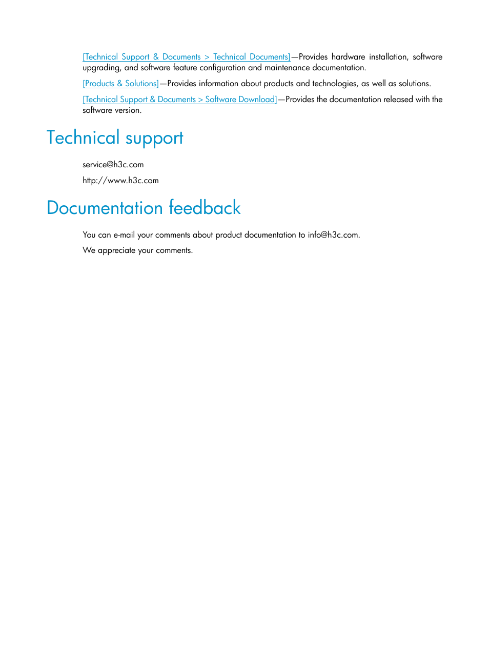 Technical support, Documentation feedback | H3C Technologies H3C WX3000E Series Wireless Switches User Manual | Page 6 / 965