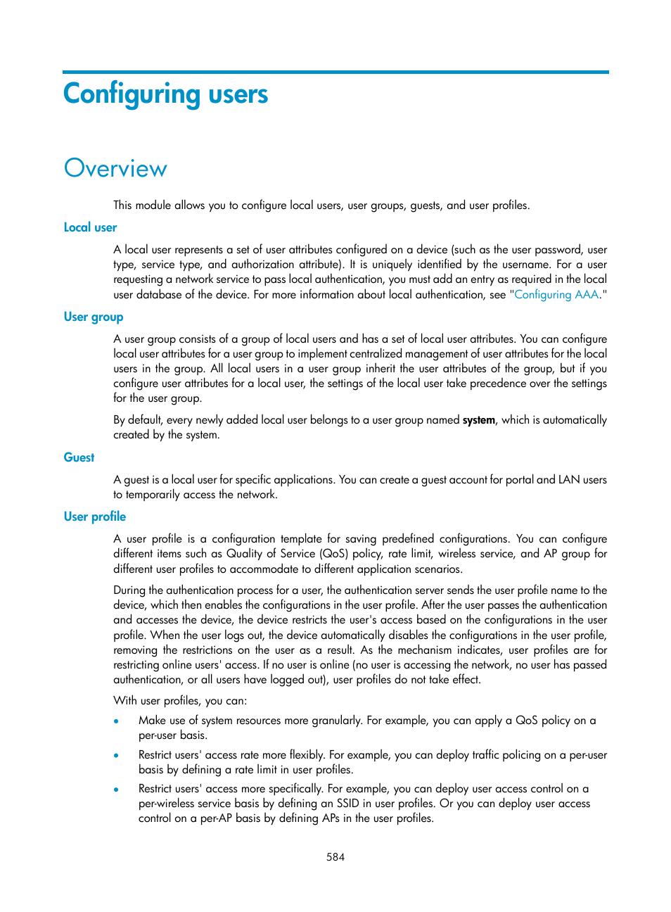 Configuring users, Overview, Local user | User group, Guest, User profile, Configuring, Users | H3C Technologies H3C WX3000E Series Wireless Switches User Manual | Page 605 / 965