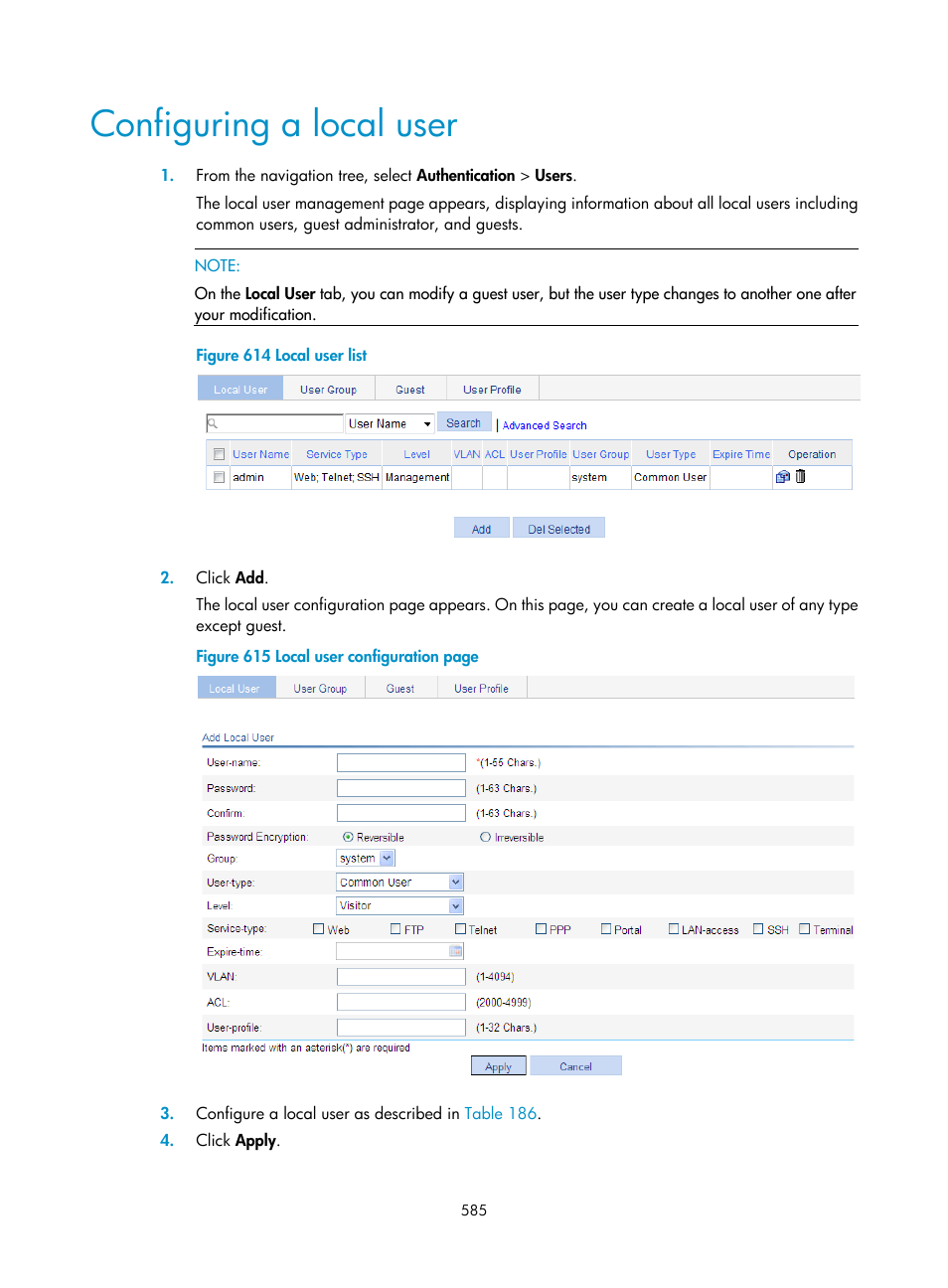 Configuring a local user | H3C Technologies H3C WX3000E Series Wireless Switches User Manual | Page 606 / 965