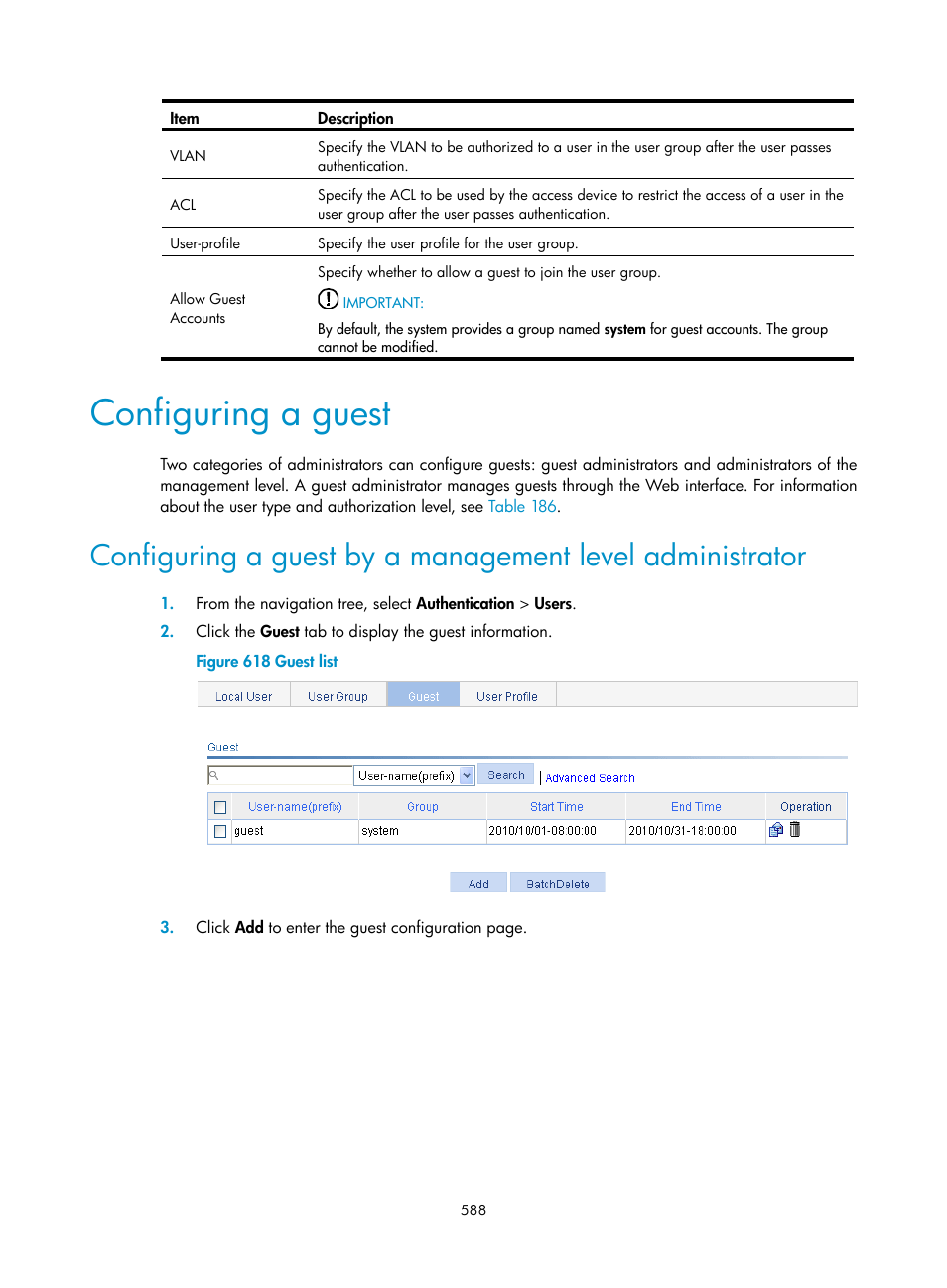 Configuring a guest | H3C Technologies H3C WX3000E Series Wireless Switches User Manual | Page 609 / 965