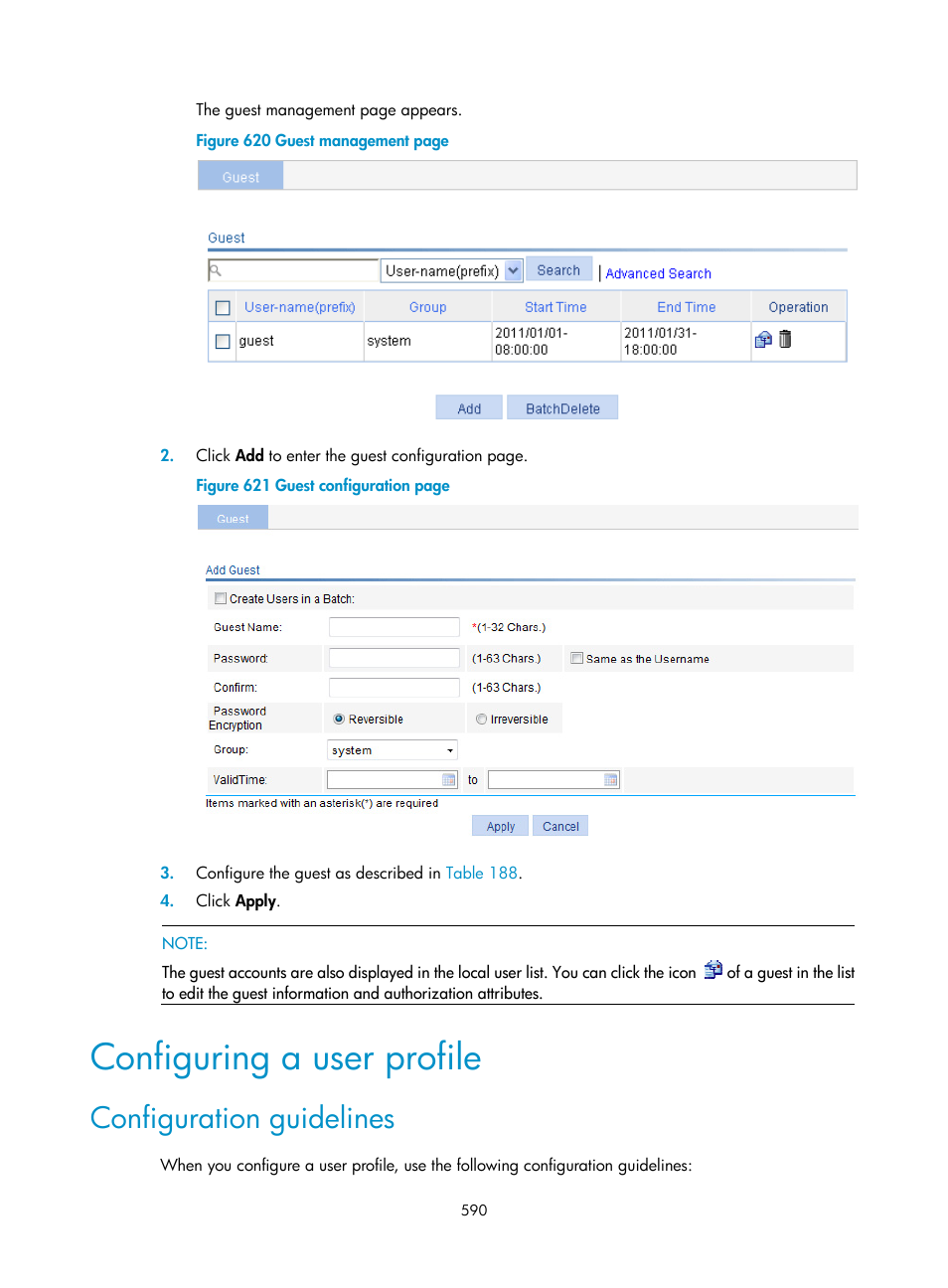 Configuring a user profile, Configuration guidelines | H3C Technologies H3C WX3000E Series Wireless Switches User Manual | Page 611 / 965