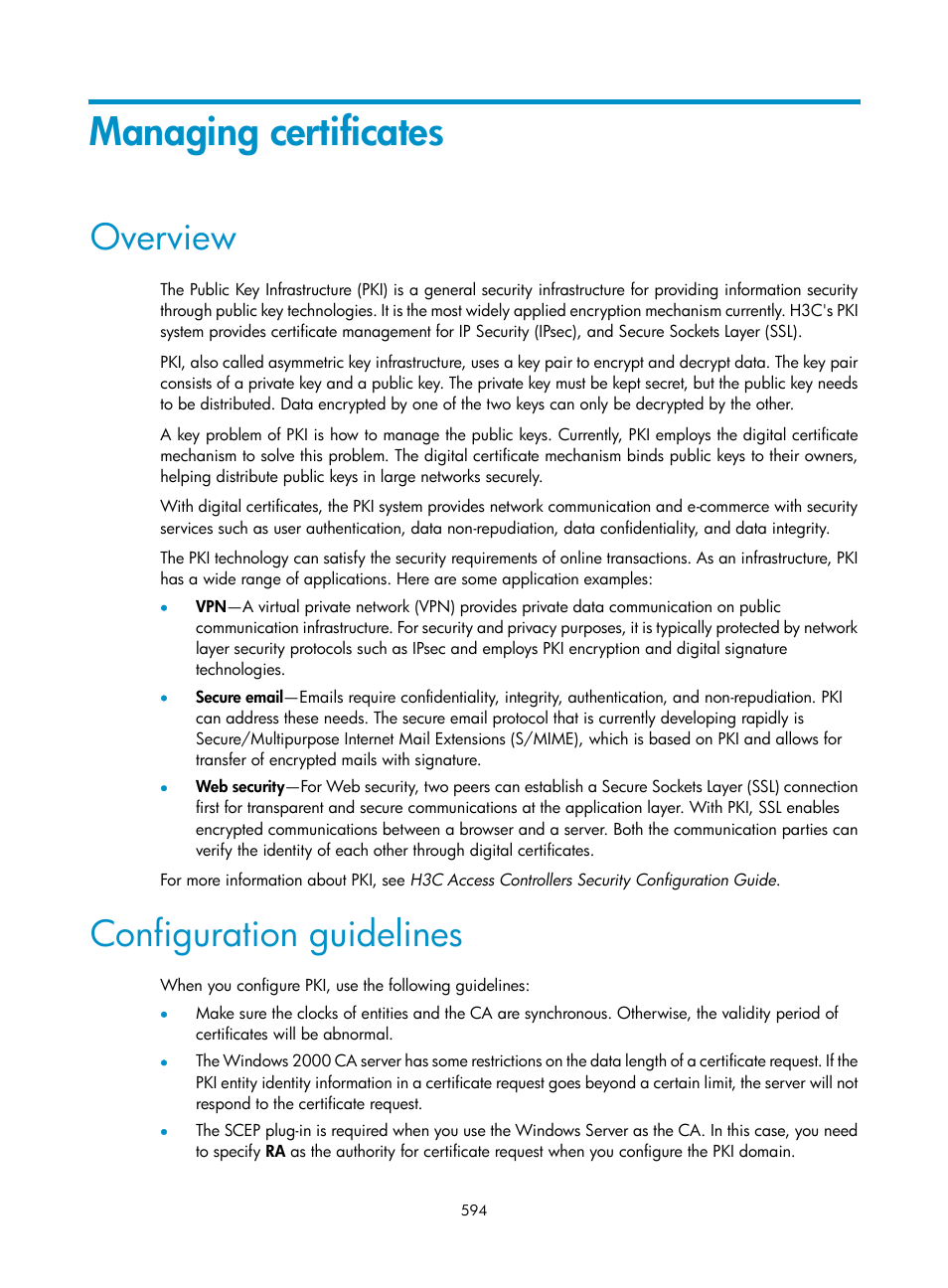 Managing certificates, Overview, Configuration guidelines | Managing, Certificates | H3C Technologies H3C WX3000E Series Wireless Switches User Manual | Page 615 / 965