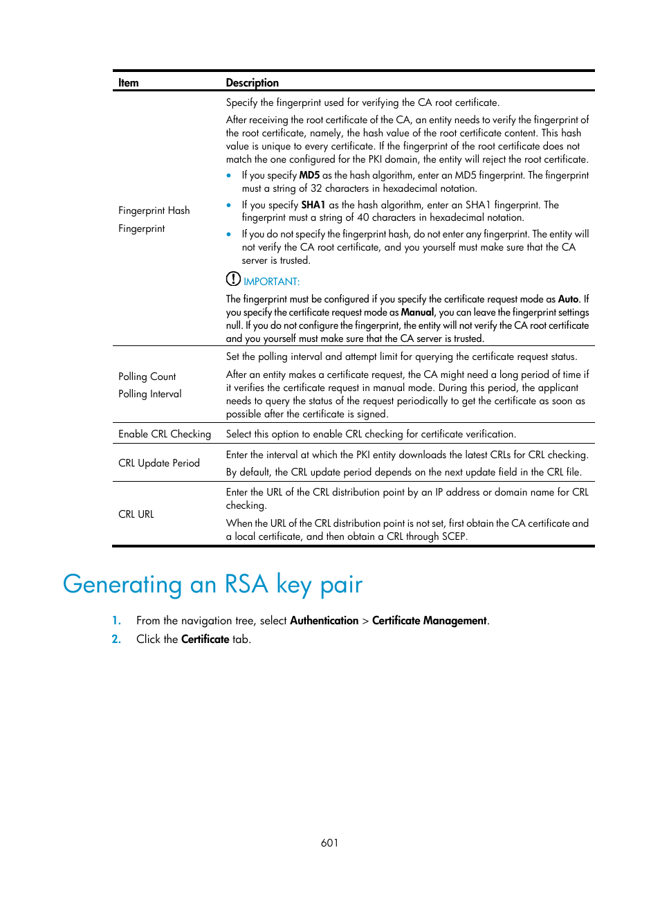 Generating an rsa key pair, Generating an rsa key, Pair | H3C Technologies H3C WX3000E Series Wireless Switches User Manual | Page 622 / 965