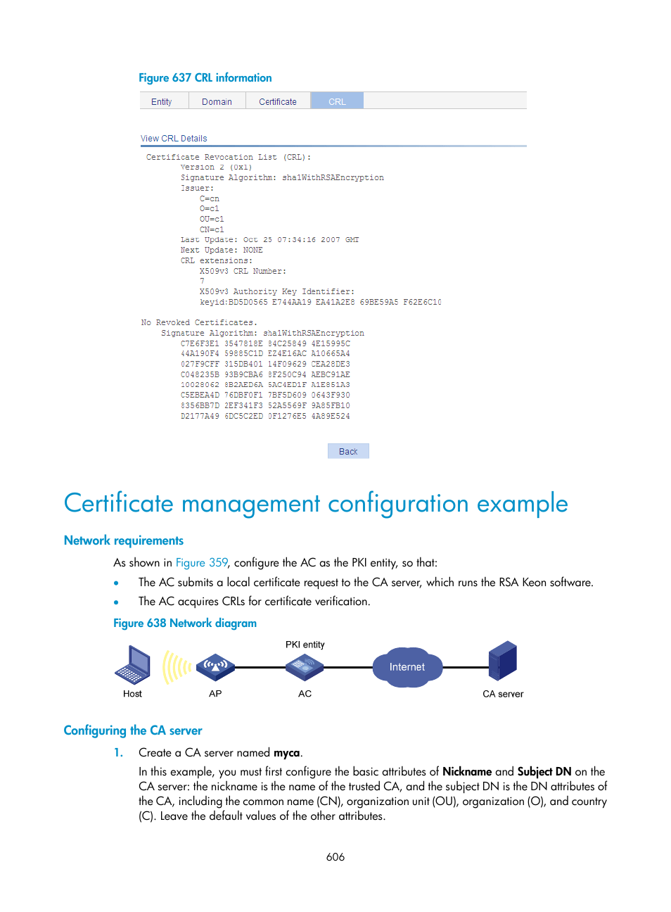 Certificate management configuration example, Network requirements, Configuring the ca server | H3C Technologies H3C WX3000E Series Wireless Switches User Manual | Page 627 / 965