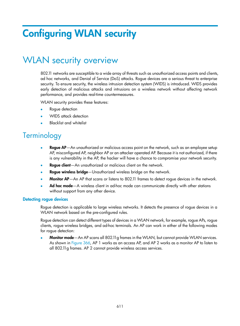 Configuring wlan security, Wlan security overview, Terminology | Detecting rogue devices | H3C Technologies H3C WX3000E Series Wireless Switches User Manual | Page 632 / 965