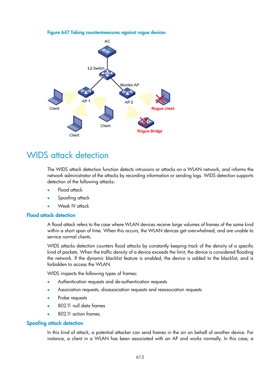 Wids attack detection, Flood attack detection, Spoofing attack detection | H3C Technologies H3C WX3000E Series Wireless Switches User Manual | Page 634 / 965