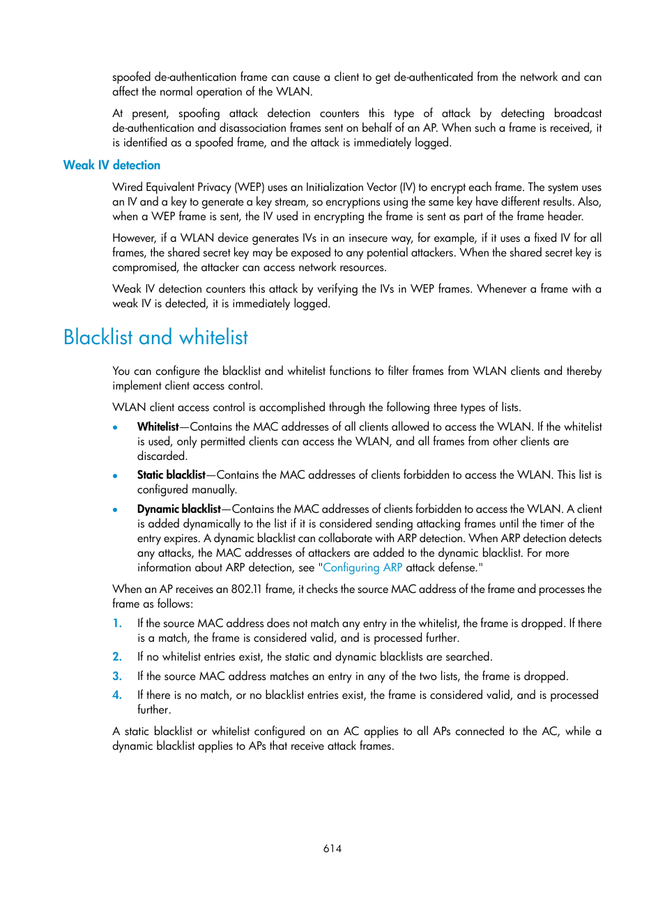 Weak iv detection, Blacklist and whitelist | H3C Technologies H3C WX3000E Series Wireless Switches User Manual | Page 635 / 965