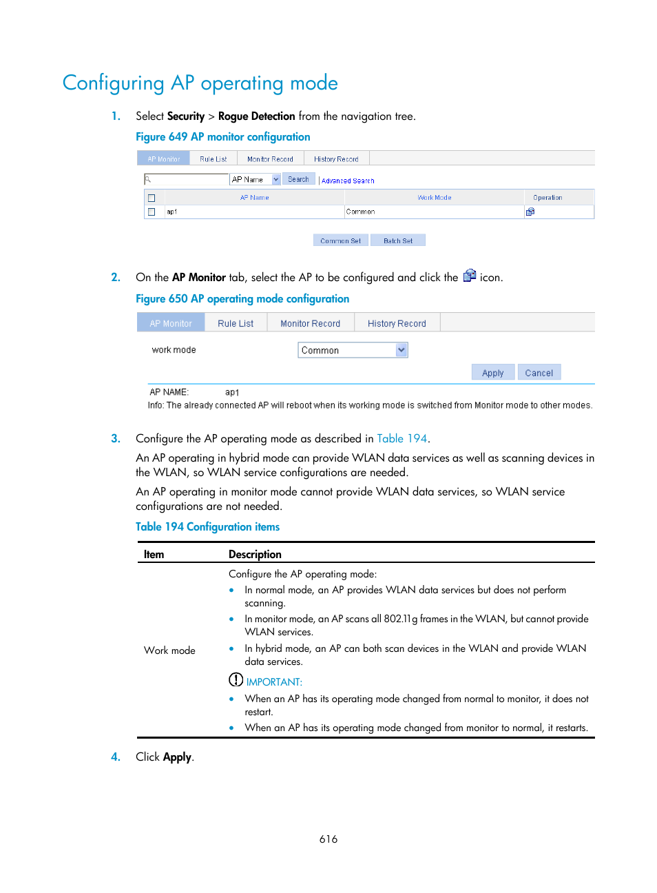 Configuring ap operating mode | H3C Technologies H3C WX3000E Series Wireless Switches User Manual | Page 637 / 965