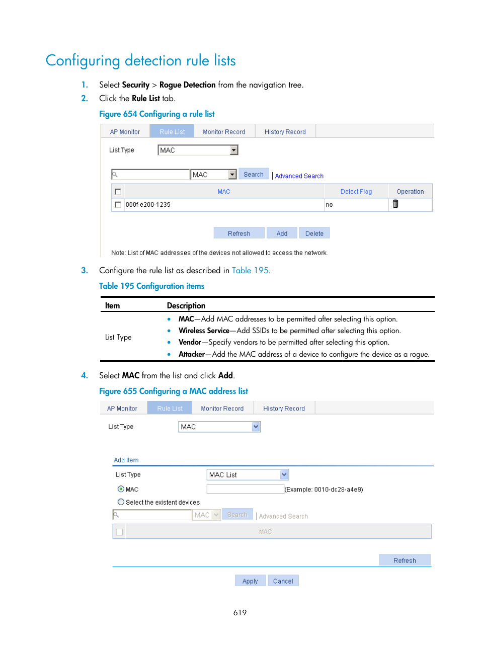 Configuring detection rule lists | H3C Technologies H3C WX3000E Series Wireless Switches User Manual | Page 640 / 965