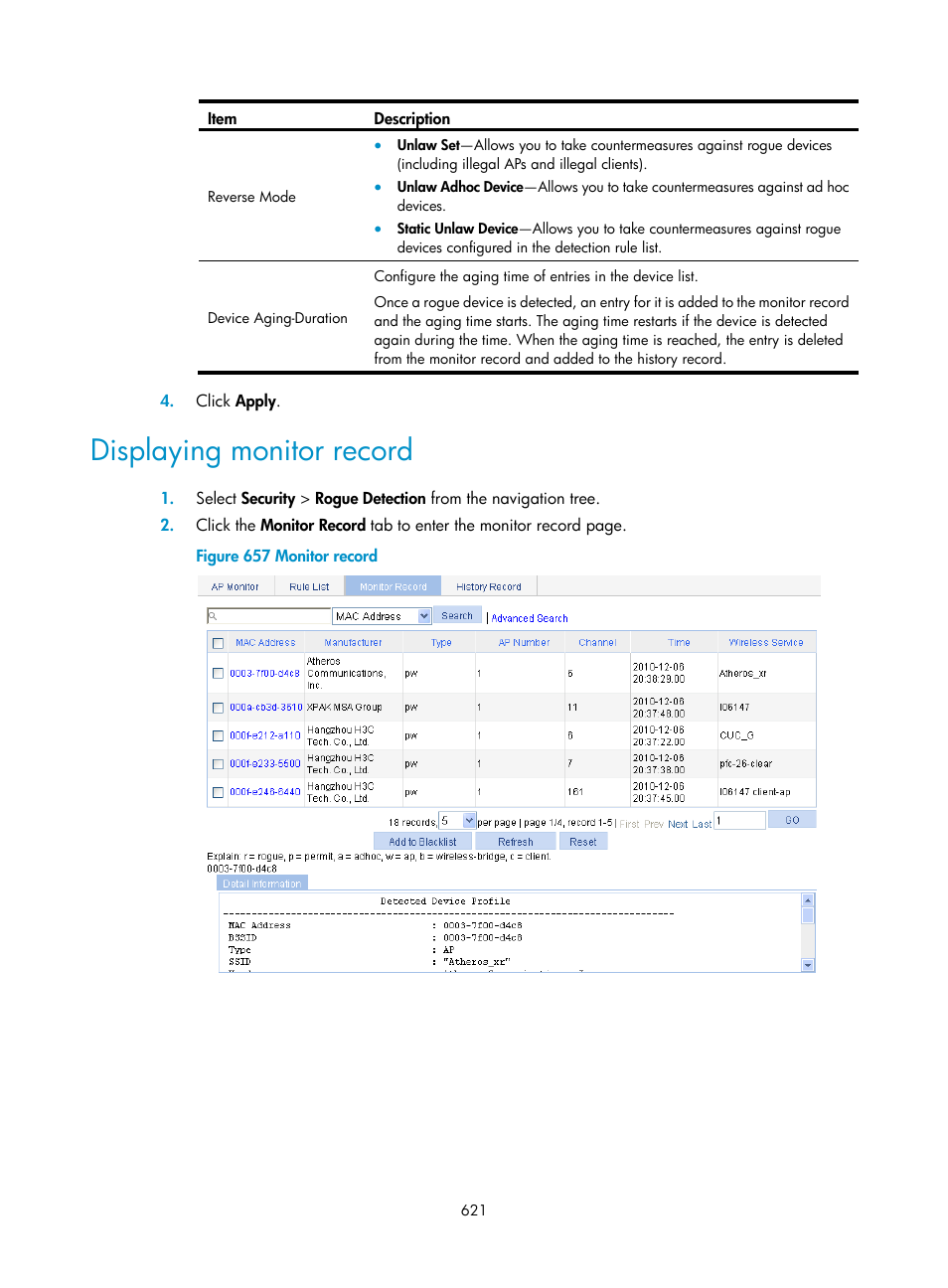 Displaying monitor record | H3C Technologies H3C WX3000E Series Wireless Switches User Manual | Page 642 / 965