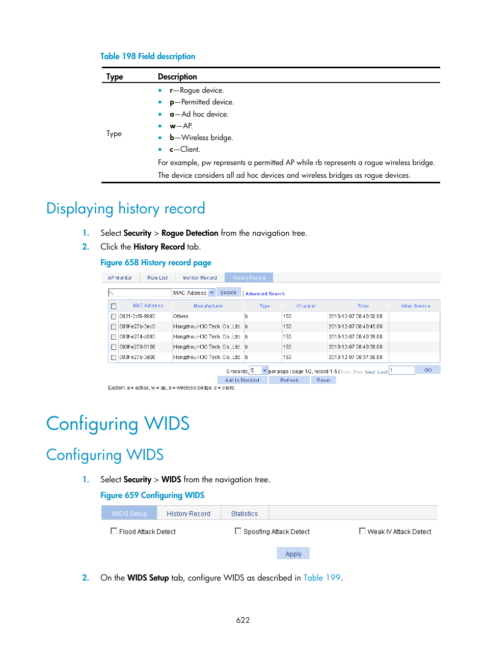 Displaying history record, Configuring wids | H3C Technologies H3C WX3000E Series Wireless Switches User Manual | Page 643 / 965