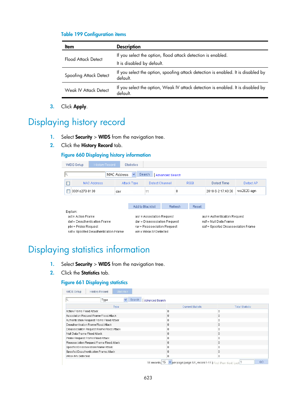 Displaying history record, Displaying statistics information | H3C Technologies H3C WX3000E Series Wireless Switches User Manual | Page 644 / 965