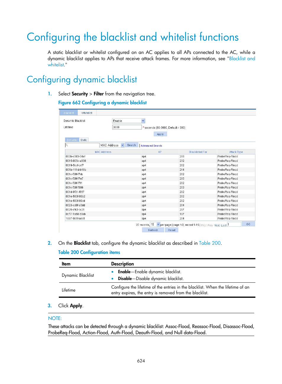 Configuring the blacklist and whitelist functions, Configuring dynamic blacklist | H3C Technologies H3C WX3000E Series Wireless Switches User Manual | Page 645 / 965