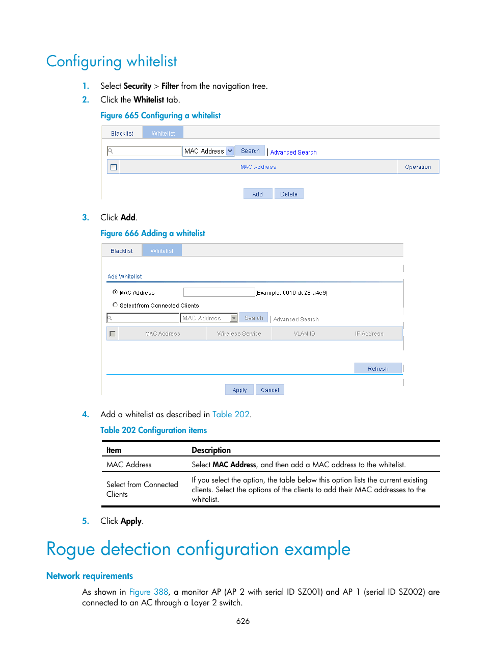 Configuring whitelist, Rogue detection configuration example, Network requirements | H3C Technologies H3C WX3000E Series Wireless Switches User Manual | Page 647 / 965