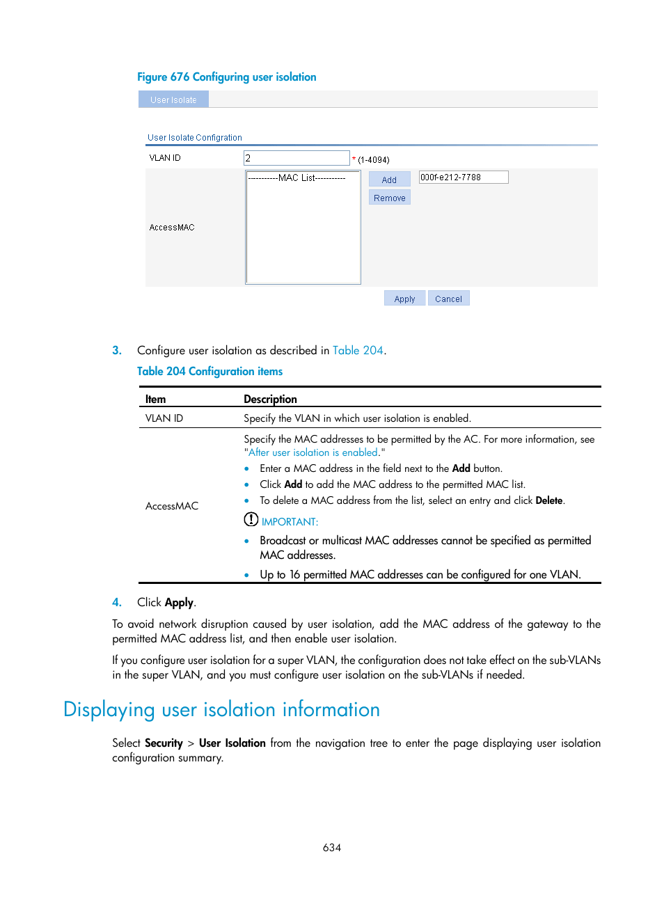 Displaying user isolation information | H3C Technologies H3C WX3000E Series Wireless Switches User Manual | Page 655 / 965