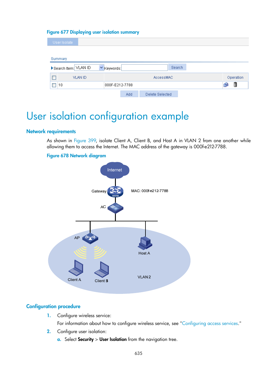 User isolation configuration example, Network requirements, Configuration procedure | H3C Technologies H3C WX3000E Series Wireless Switches User Manual | Page 656 / 965