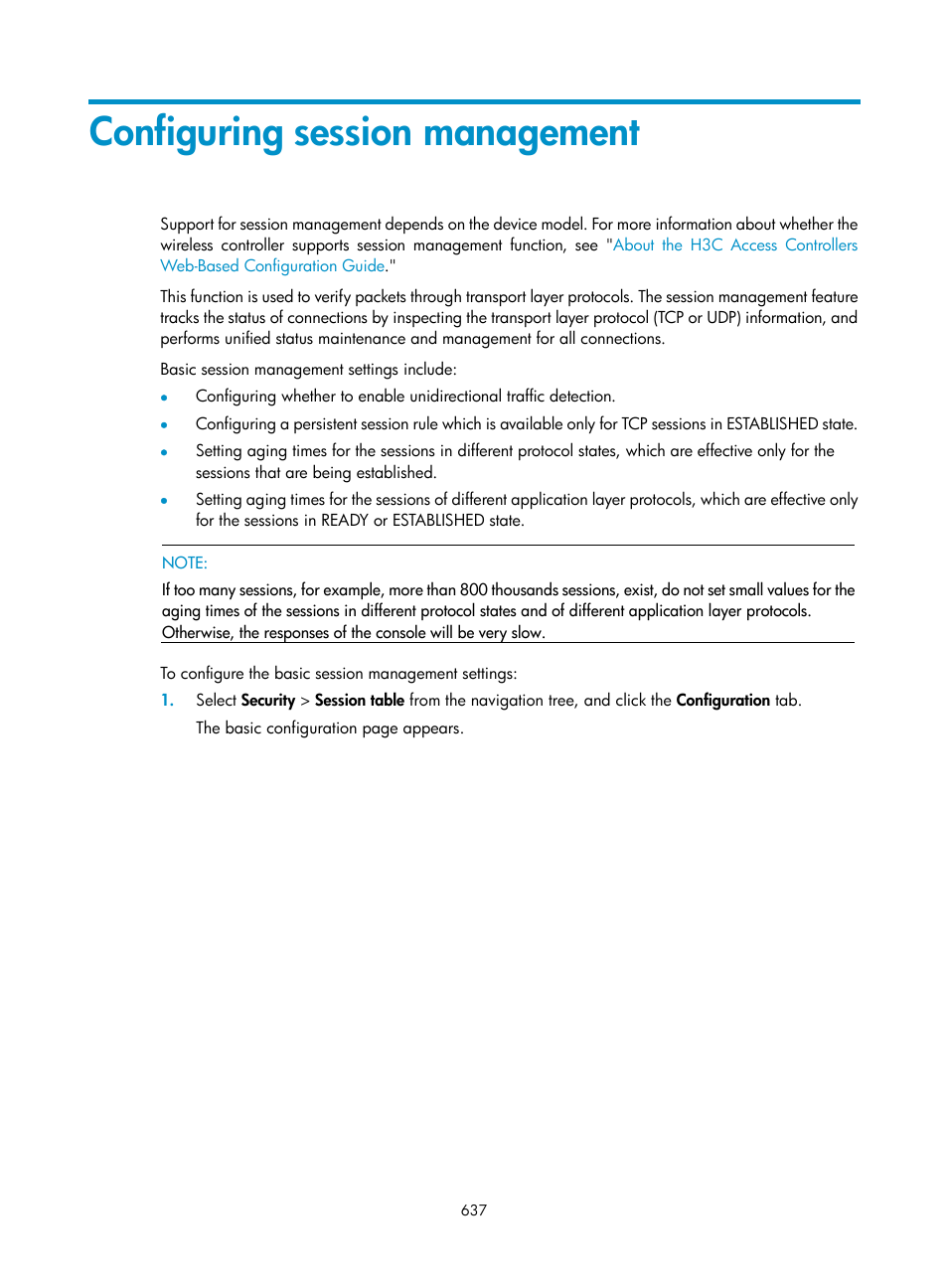 Configuring session management | H3C Technologies H3C WX3000E Series Wireless Switches User Manual | Page 658 / 965