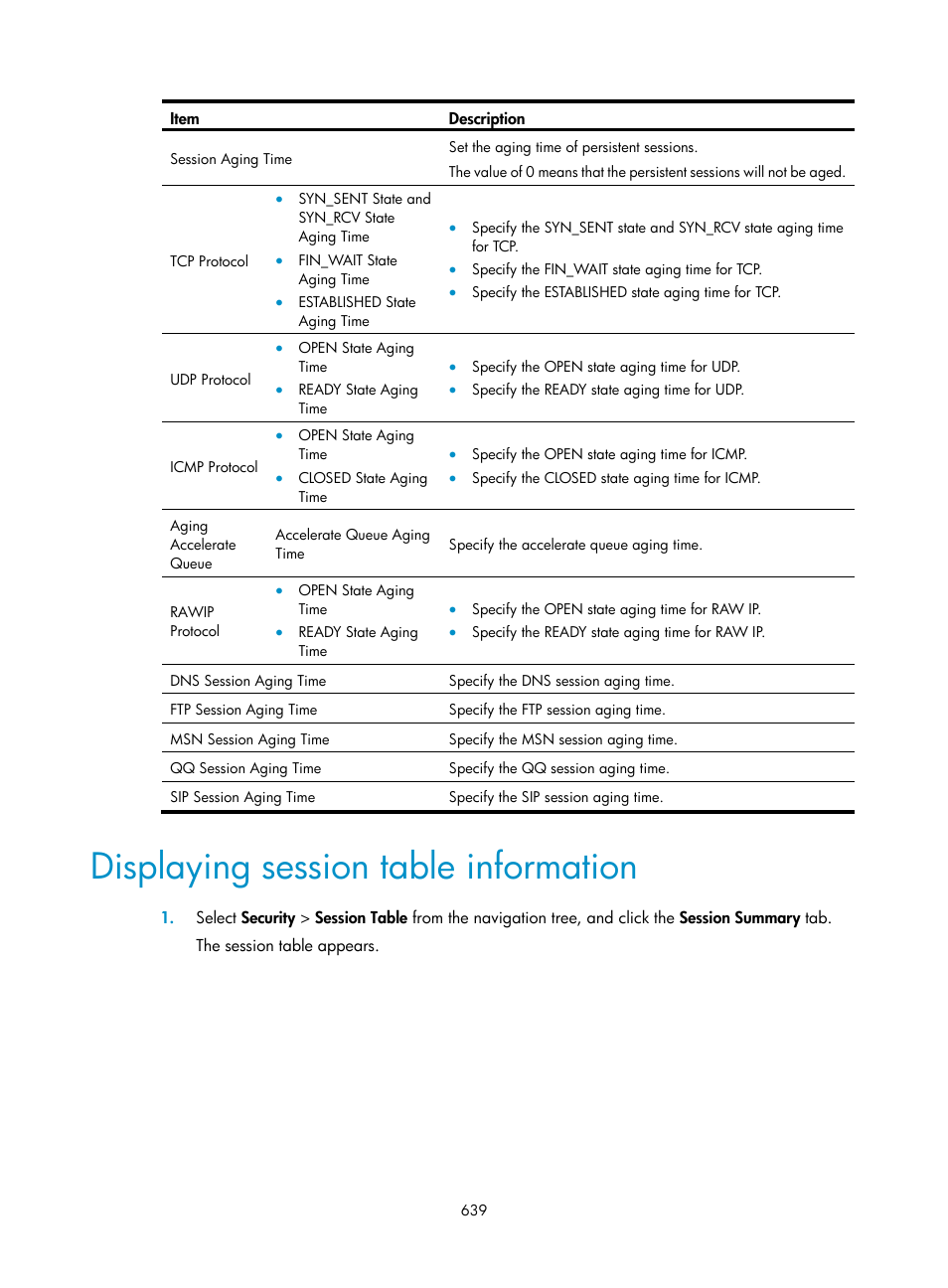 Displaying session table information | H3C Technologies H3C WX3000E Series Wireless Switches User Manual | Page 660 / 965