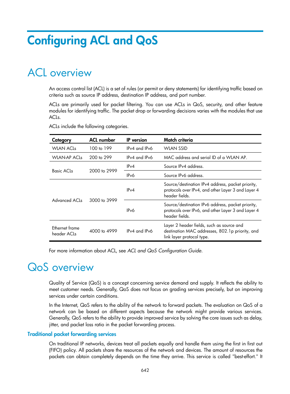 Configuring acl and qos, Acl overview, Qos overview | Traditional packet forwarding services | H3C Technologies H3C WX3000E Series Wireless Switches User Manual | Page 663 / 965