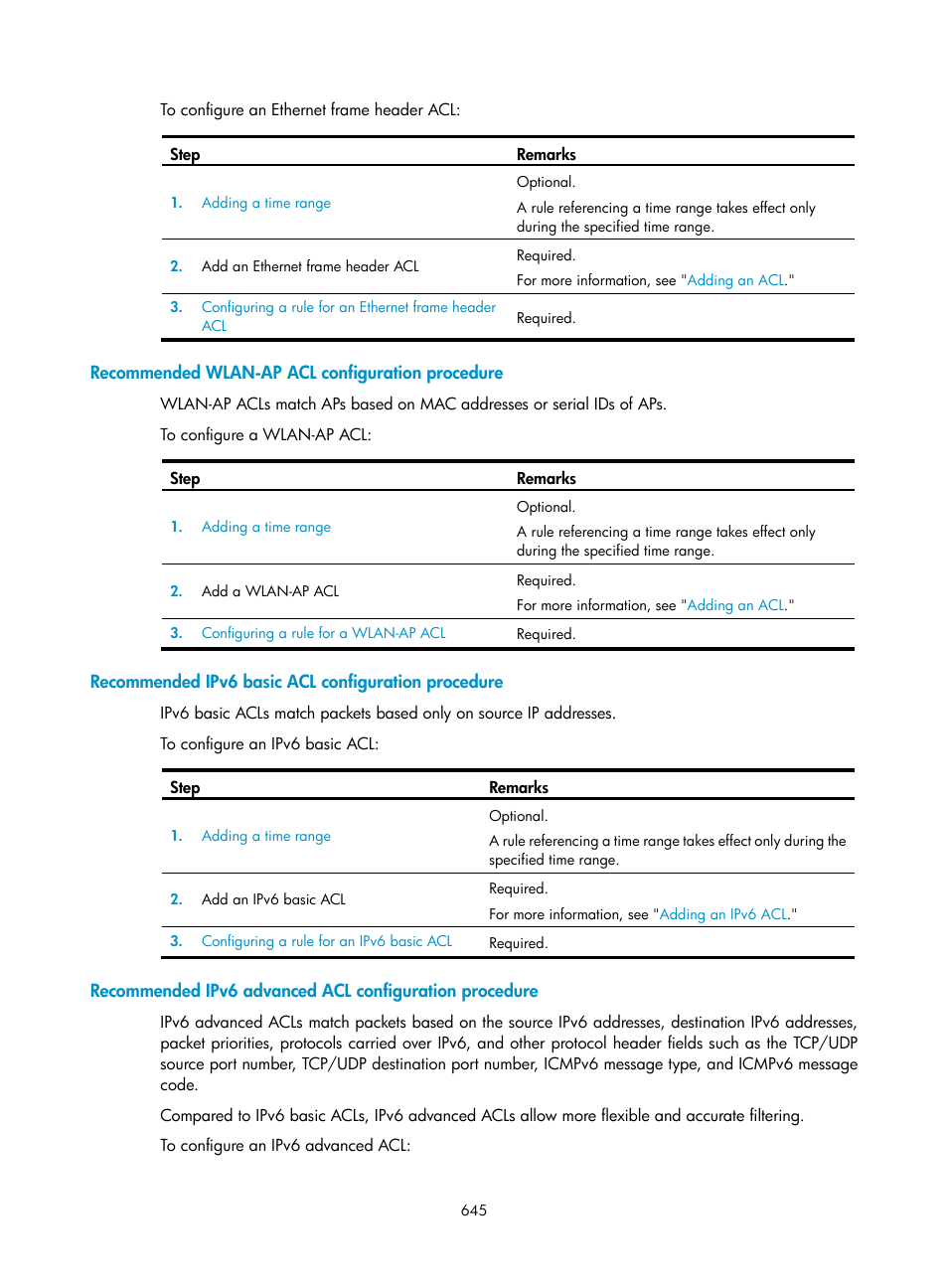Recommended wlan-ap acl configuration procedure, Recommended ipv6 basic acl configuration procedure | H3C Technologies H3C WX3000E Series Wireless Switches User Manual | Page 666 / 965