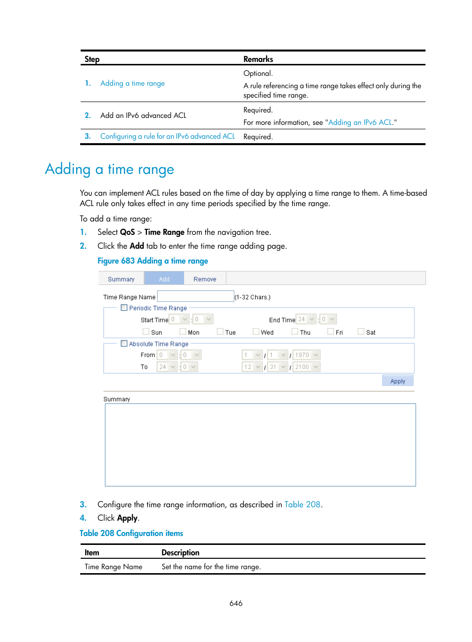 Adding a time range | H3C Technologies H3C WX3000E Series Wireless Switches User Manual | Page 667 / 965