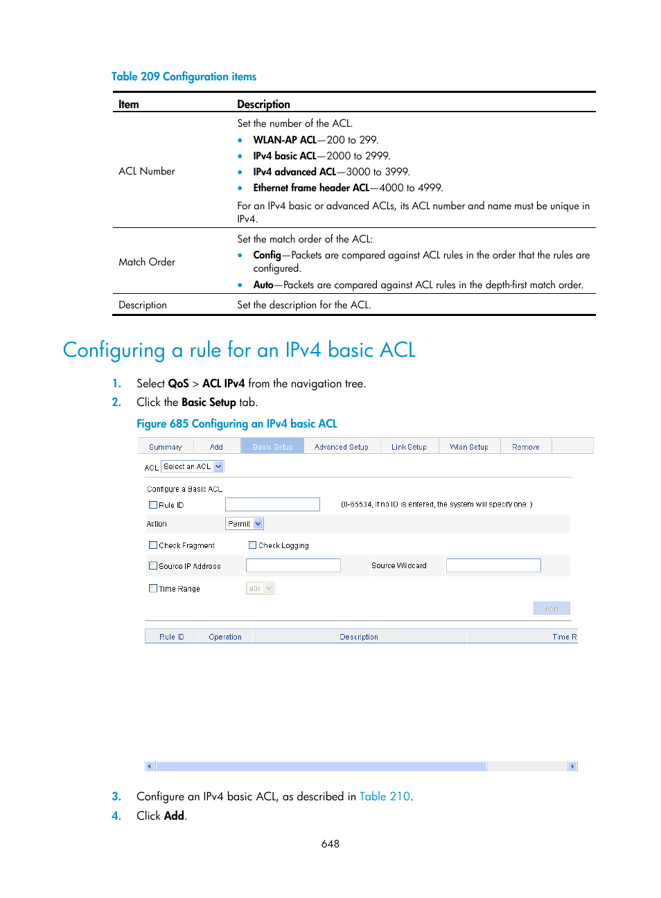 Configuring a rule for an ipv4 basic acl, Table 209 | H3C Technologies H3C WX3000E Series Wireless Switches User Manual | Page 669 / 965