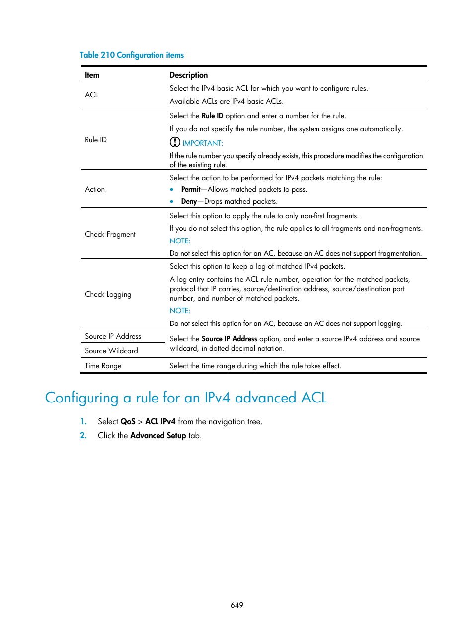 Configuring a rule for an ipv4 advanced acl | H3C Technologies H3C WX3000E Series Wireless Switches User Manual | Page 670 / 965