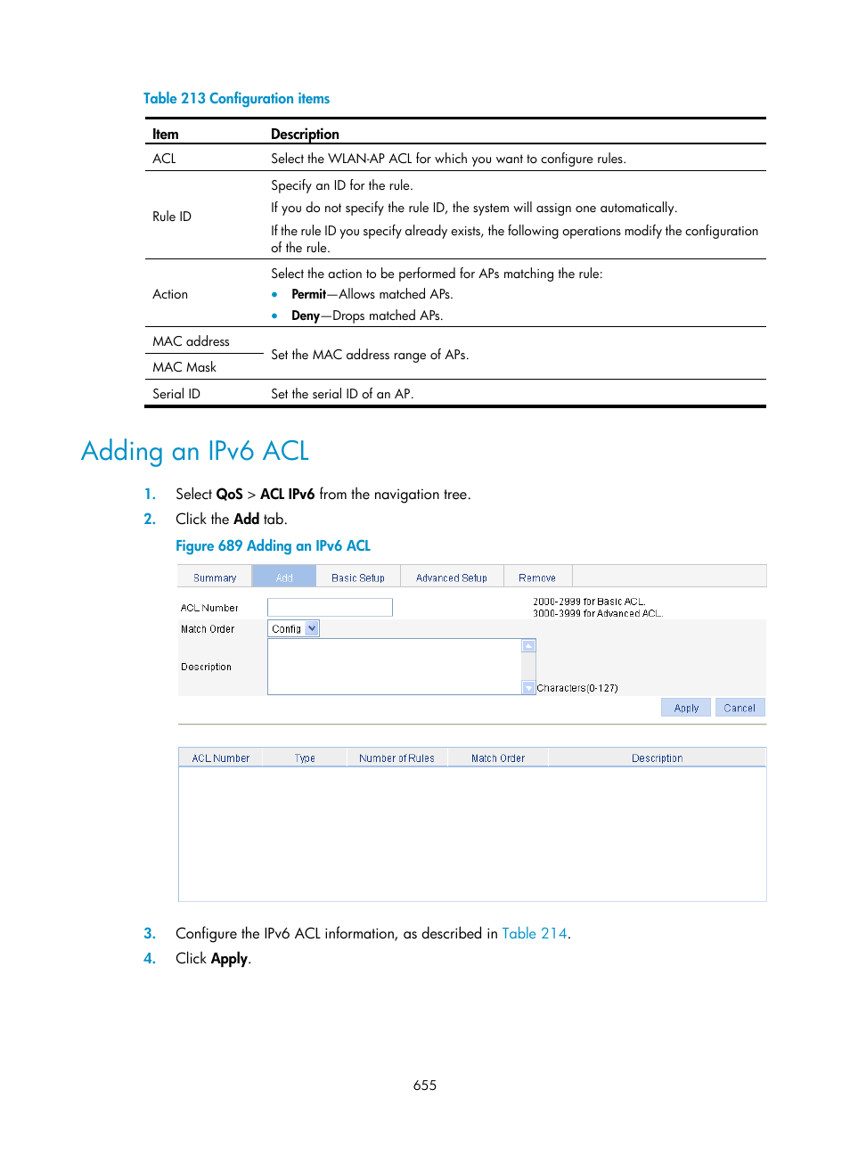 Adding an ipv6 acl | H3C Technologies H3C WX3000E Series Wireless Switches User Manual | Page 676 / 965