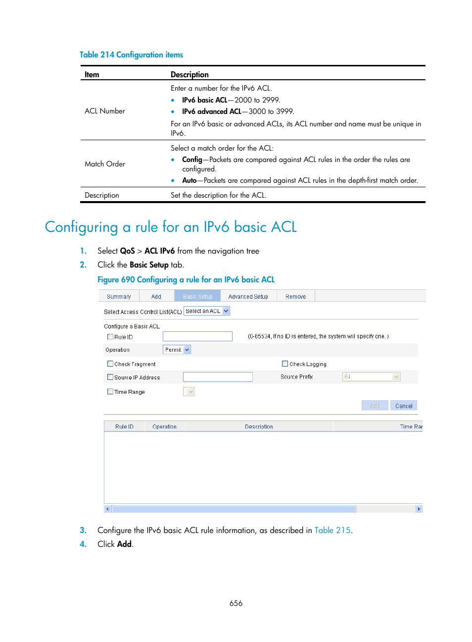 Configuring a rule for an ipv6 basic acl | H3C Technologies H3C WX3000E Series Wireless Switches User Manual | Page 677 / 965