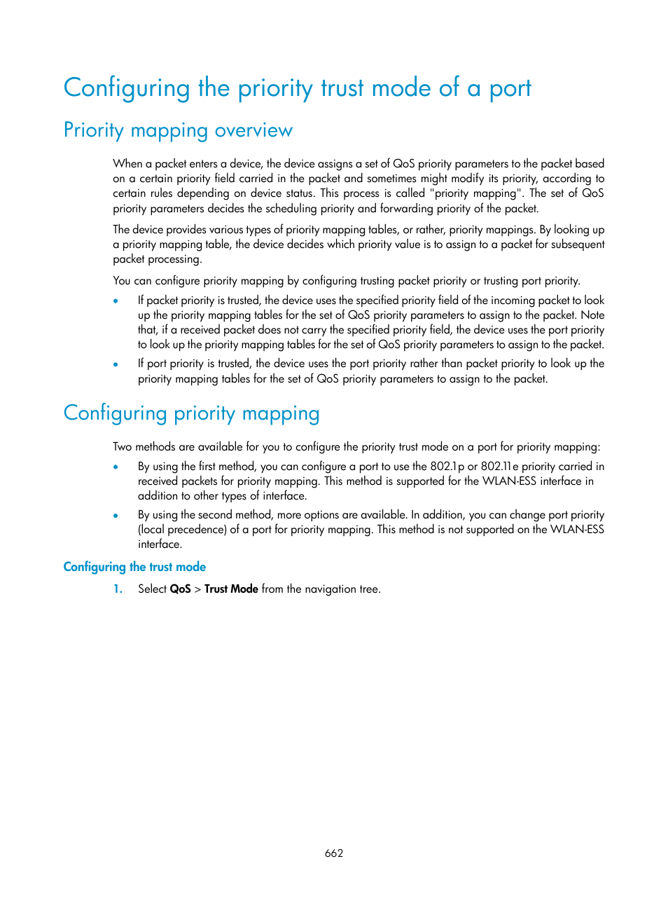 Configuring the priority trust mode of a port, Priority mapping overview, Configuring priority mapping | Configuring the trust mode | H3C Technologies H3C WX3000E Series Wireless Switches User Manual | Page 683 / 965