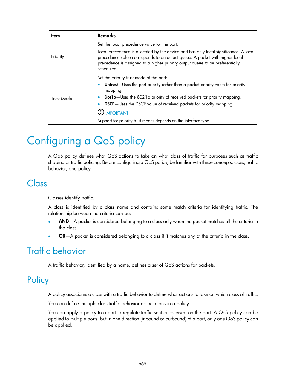 Configuring a qos policy, Class, Traffic behavior | Policy | H3C Technologies H3C WX3000E Series Wireless Switches User Manual | Page 686 / 965