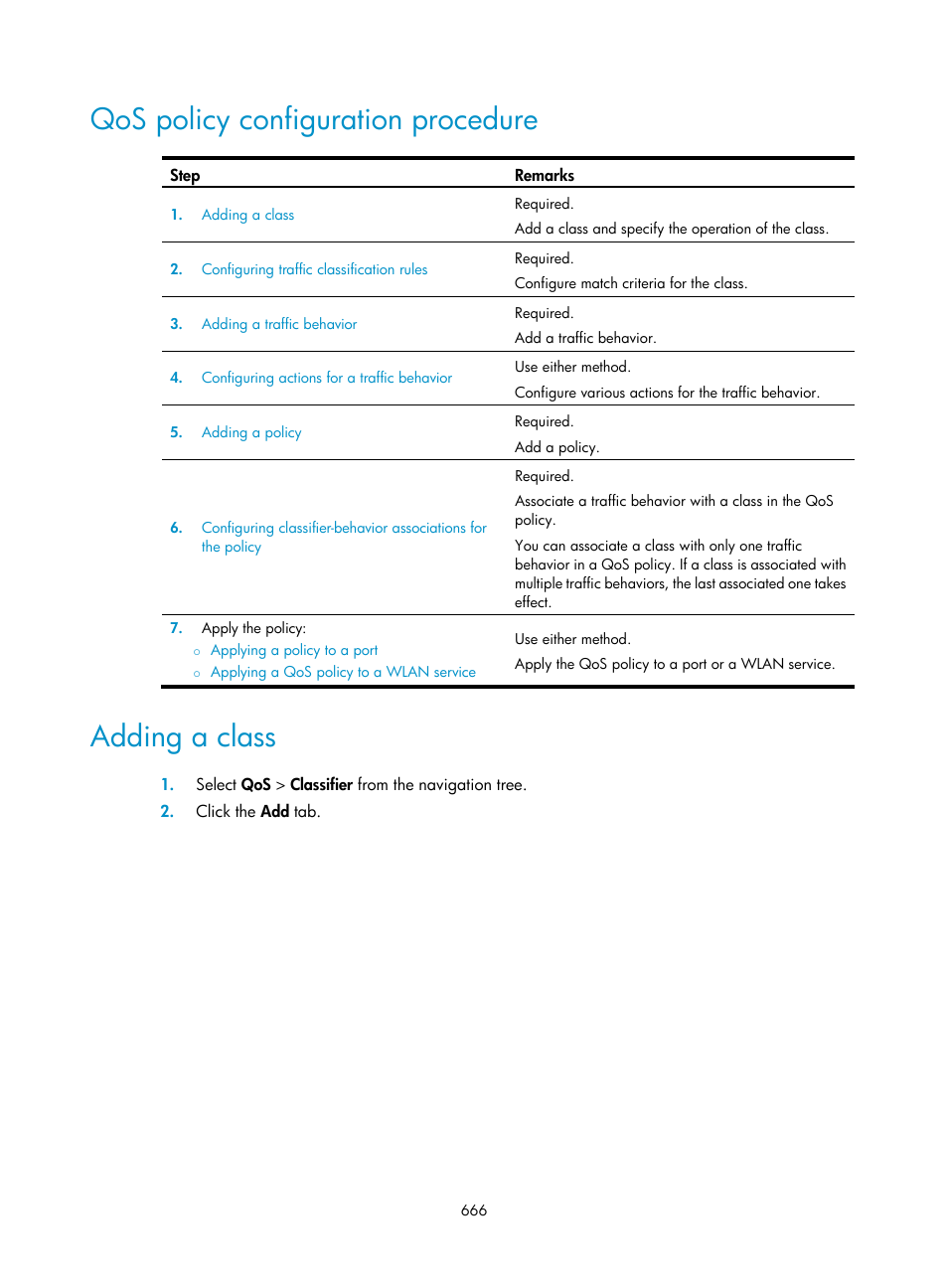 Qos policy configuration procedure, Adding a class | H3C Technologies H3C WX3000E Series Wireless Switches User Manual | Page 687 / 965