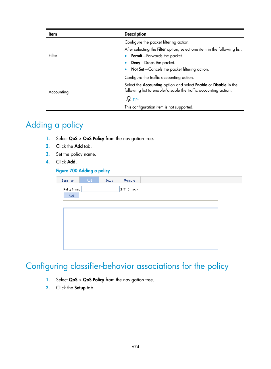 Adding a policy, Configuring classifier-behavior associations for, The policy | H3C Technologies H3C WX3000E Series Wireless Switches User Manual | Page 695 / 965