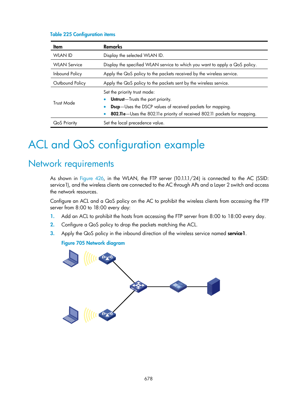 Acl and qos configuration example, Network requirements | H3C Technologies H3C WX3000E Series Wireless Switches User Manual | Page 699 / 965