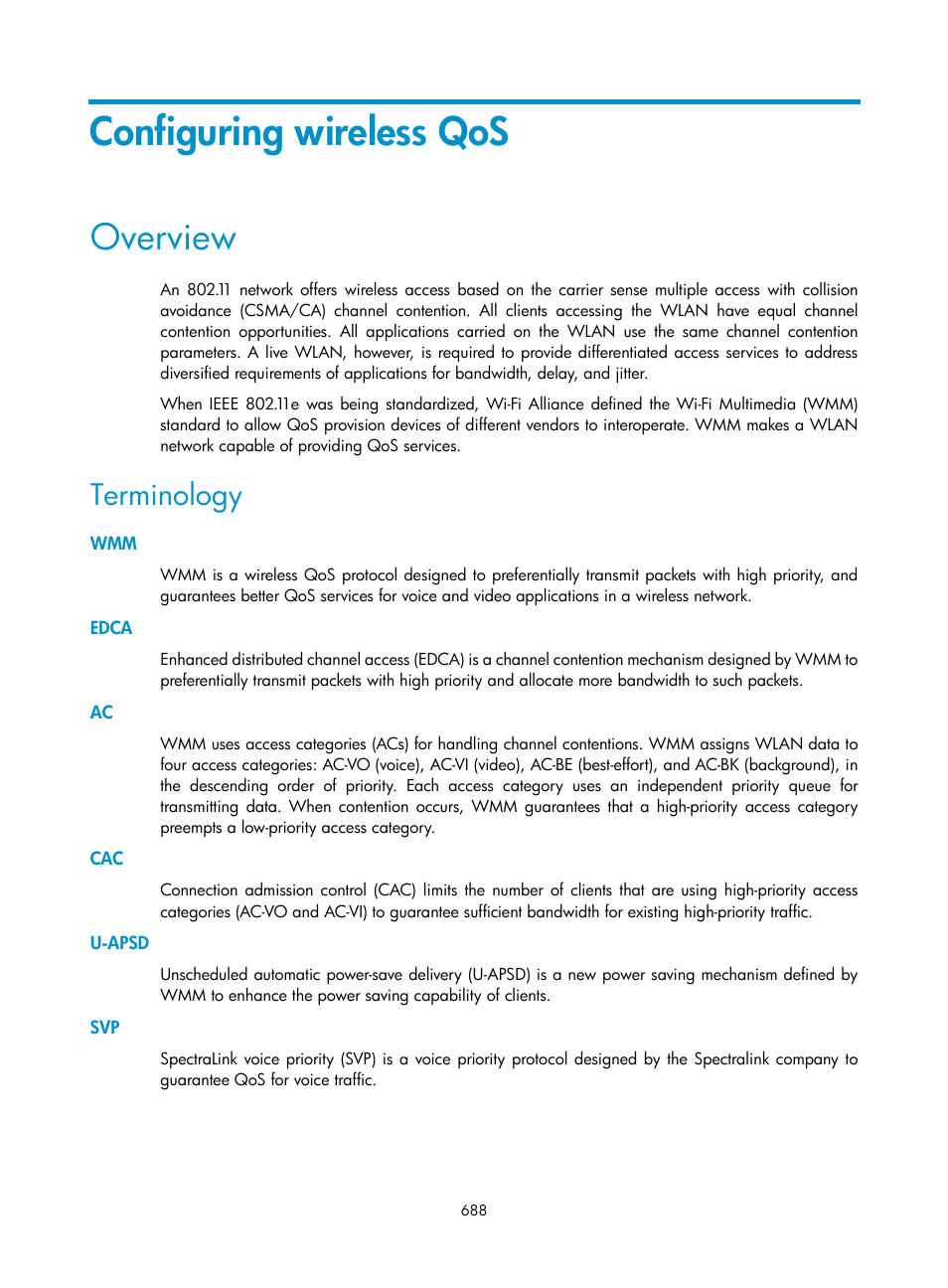 Configuring wireless qos, Overview, Terminology | Edca, U-apsd | H3C Technologies H3C WX3000E Series Wireless Switches User Manual | Page 709 / 965