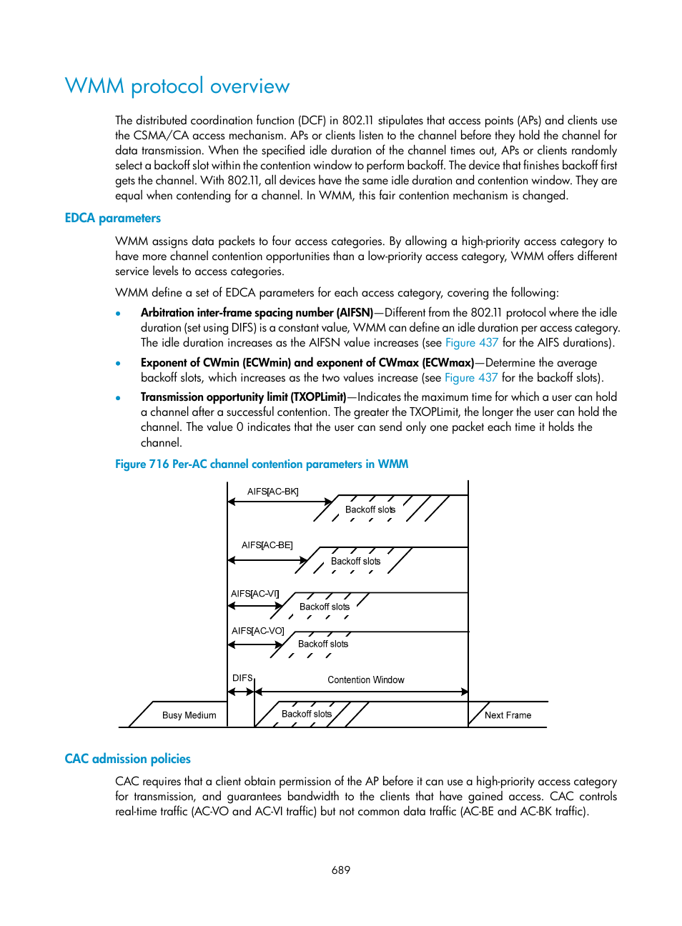 Wmm protocol overview, Edca parameters, Cac admission policies | H3C Technologies H3C WX3000E Series Wireless Switches User Manual | Page 710 / 965