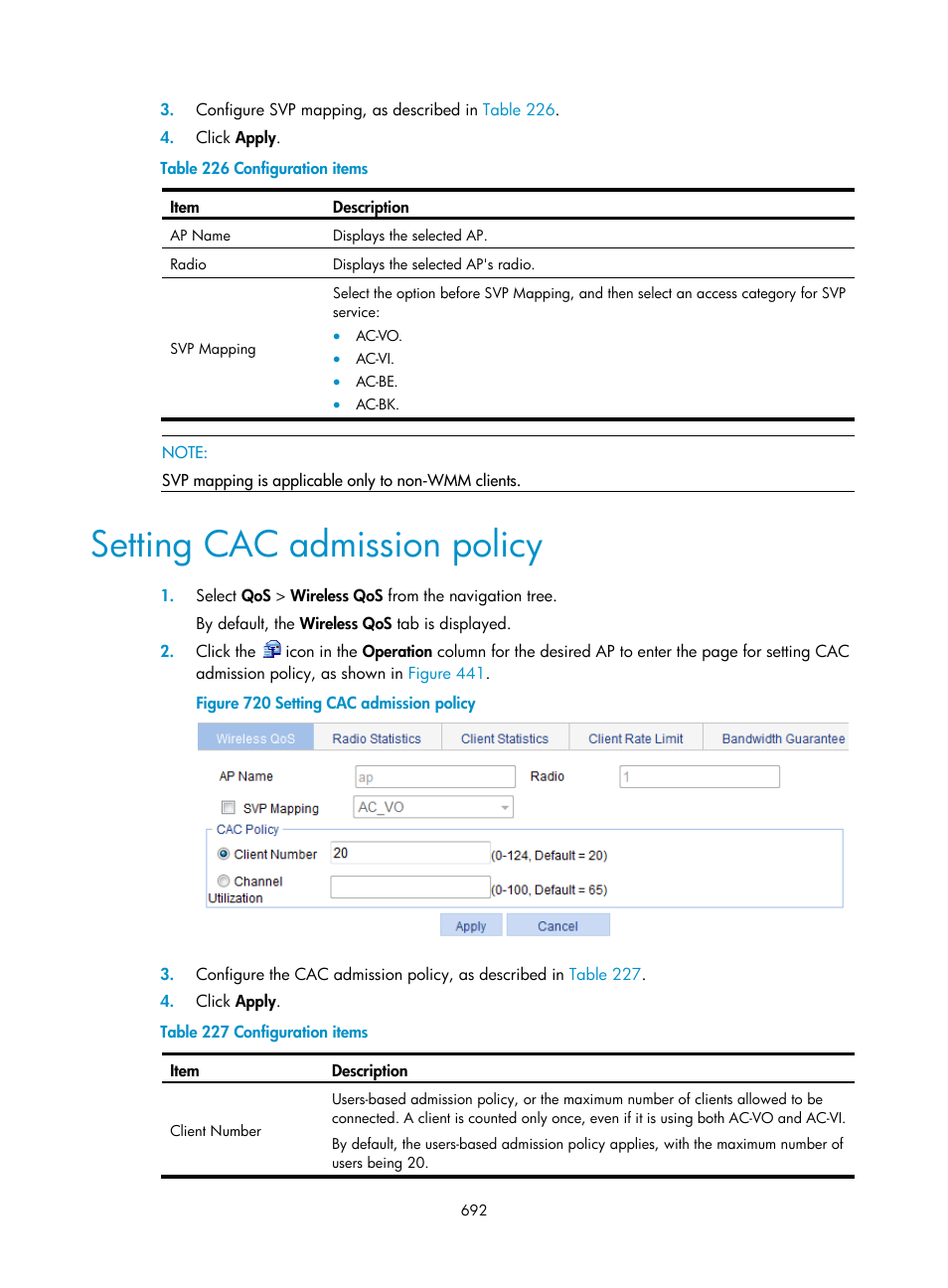 Setting cac admission policy | H3C Technologies H3C WX3000E Series Wireless Switches User Manual | Page 713 / 965