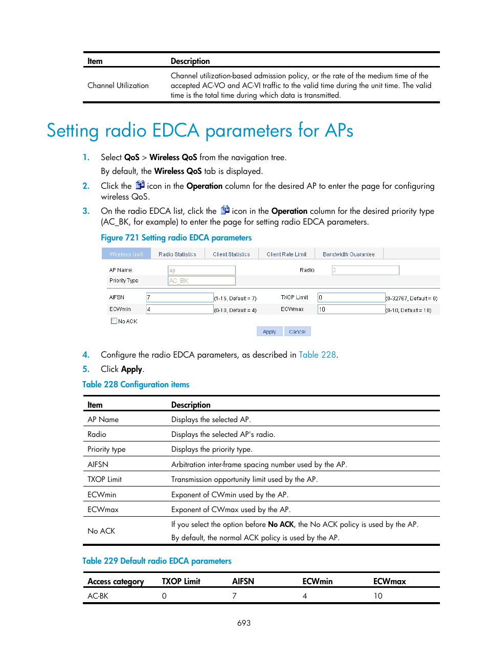 Setting radio edca parameters for aps | H3C Technologies H3C WX3000E Series Wireless Switches User Manual | Page 714 / 965