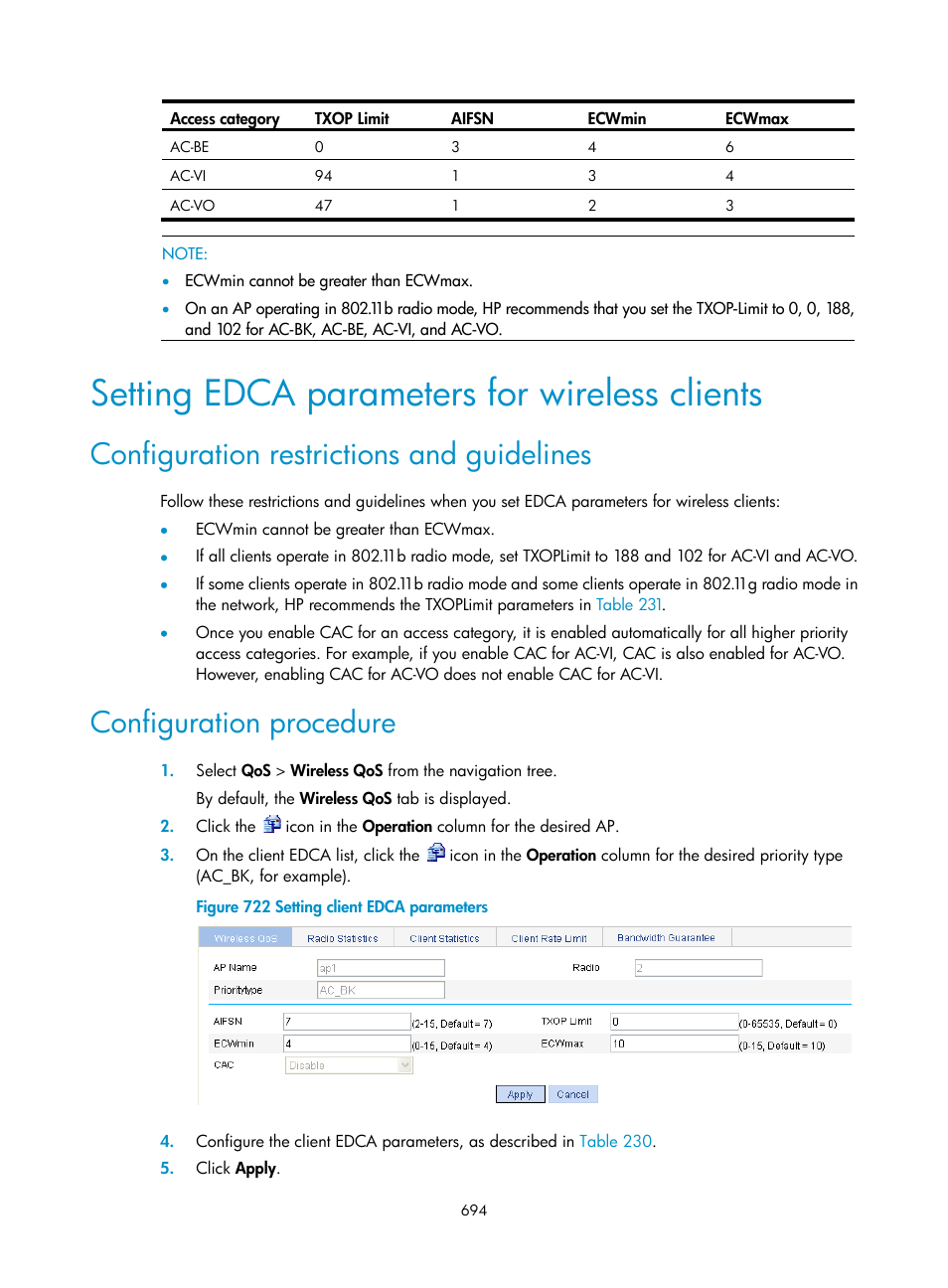 Setting edca parameters for wireless clients, Configuration restrictions and guidelines, Configuration procedure | H3C Technologies H3C WX3000E Series Wireless Switches User Manual | Page 715 / 965