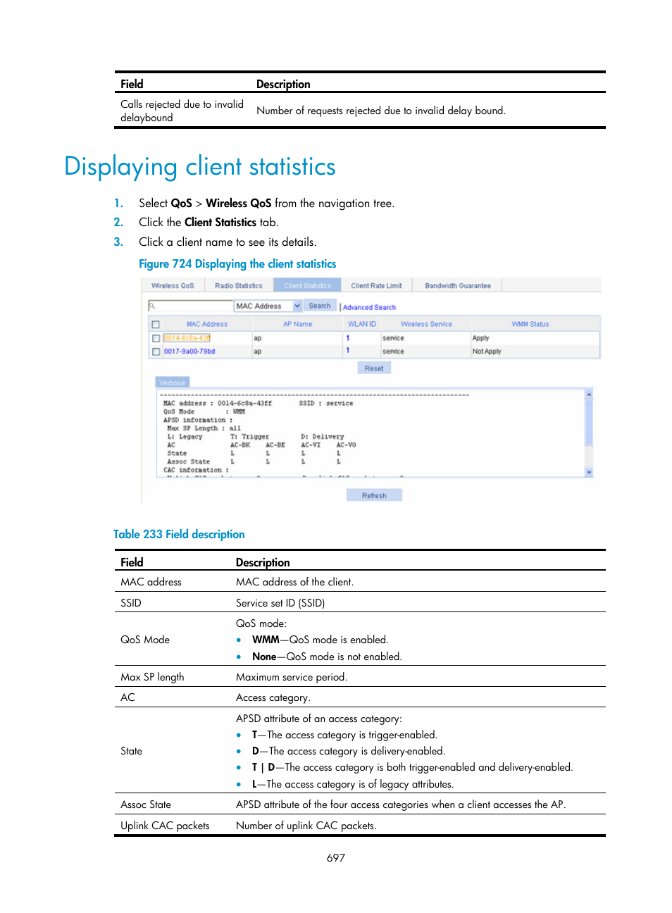 Displaying client statistics | H3C Technologies H3C WX3000E Series Wireless Switches User Manual | Page 718 / 965