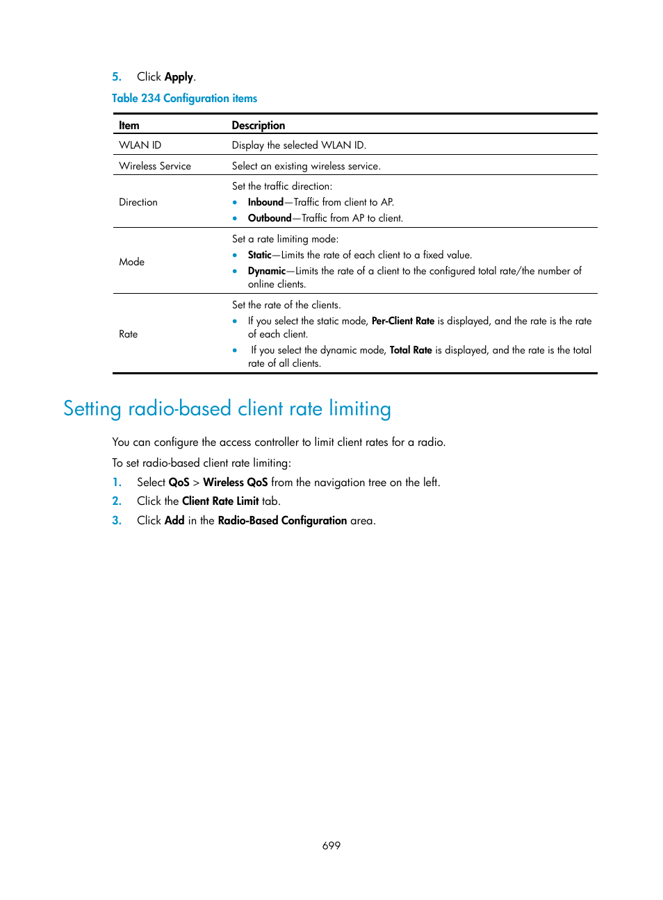 Setting radio-based client rate limiting | H3C Technologies H3C WX3000E Series Wireless Switches User Manual | Page 720 / 965